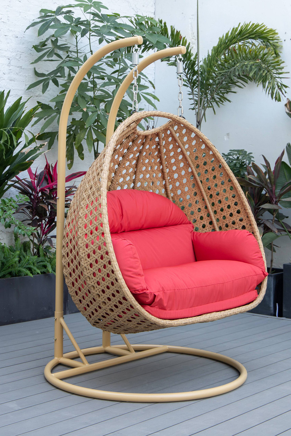 LeisureMod Mendoza Light Brown Wicker Hanging 2 Person Egg Swing Chair - Red