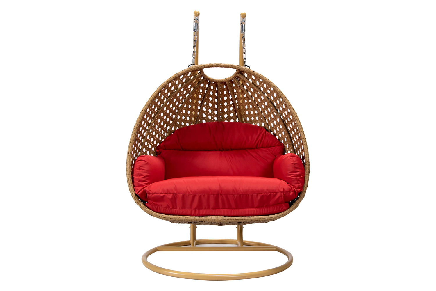 LeisureMod Mendoza Light Brown Wicker Hanging 2 Person Egg Swing Chair - Red