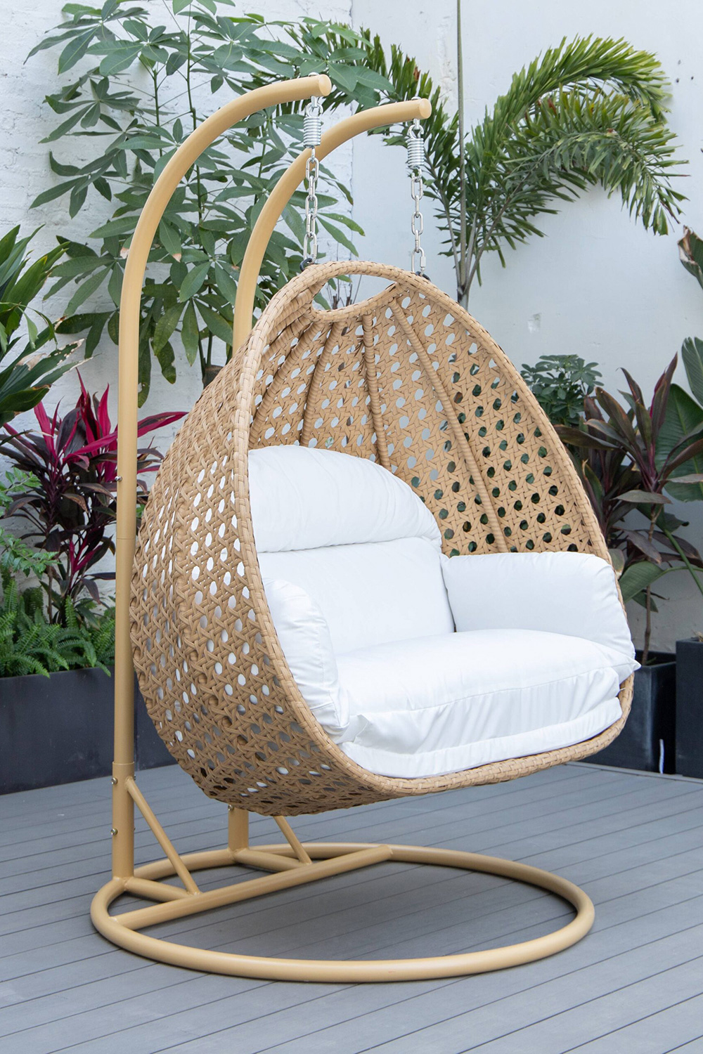 LeisureMod Mendoza Light Brown Wicker Hanging 2 Person Egg Swing Chair - White