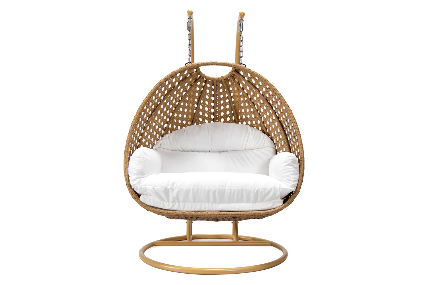 LeisureMod Mendoza Light Brown Wicker Hanging 2 Person Egg Swing Chair - White