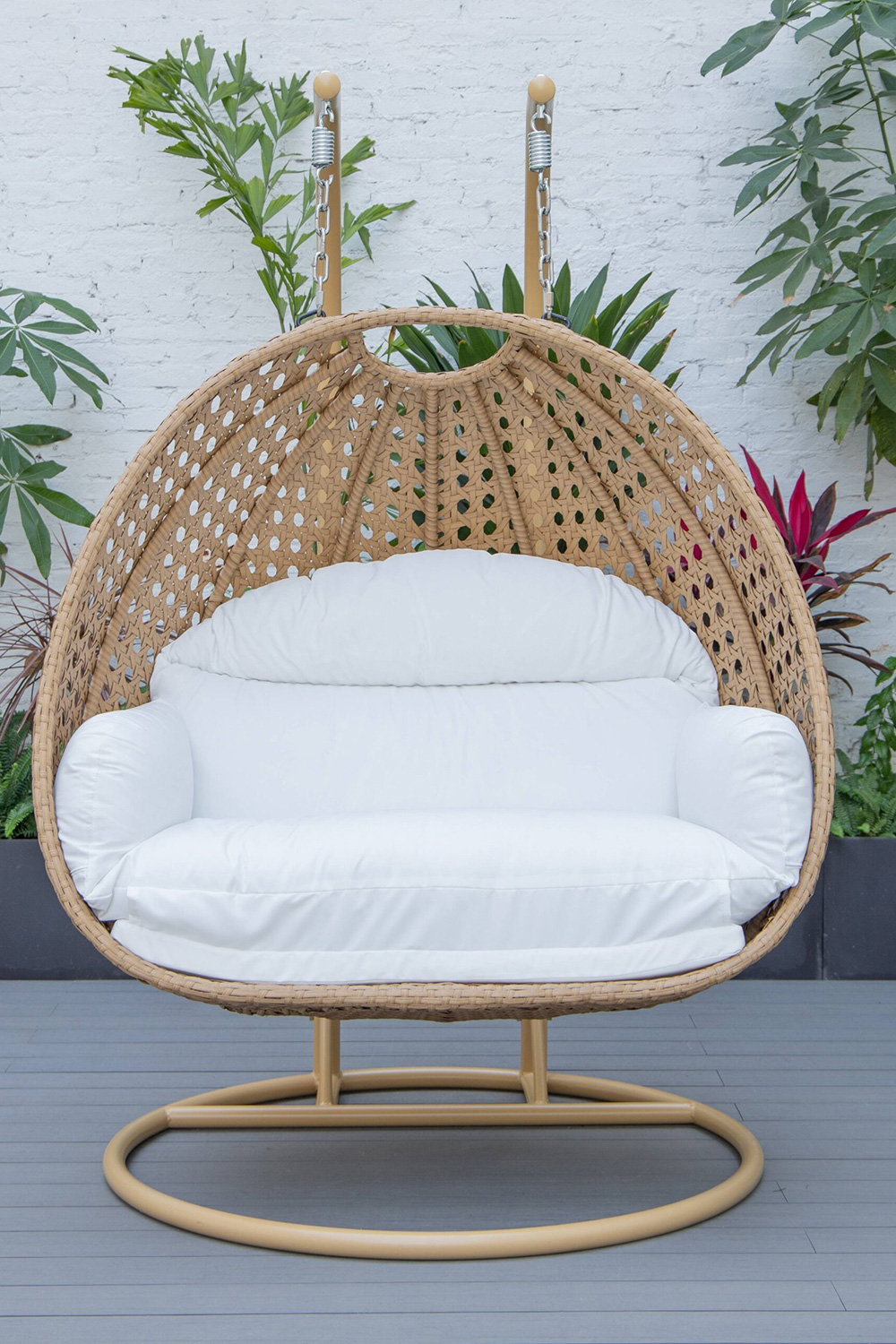 LeisureMod Mendoza Light Brown Wicker Hanging 2 Person Egg Swing Chair - White