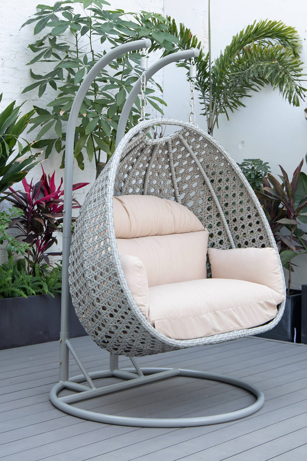 LeisureMod Mendoza Light Gray Wicker Hanging 2 Person Egg Swing Chair with Cushions - Beige