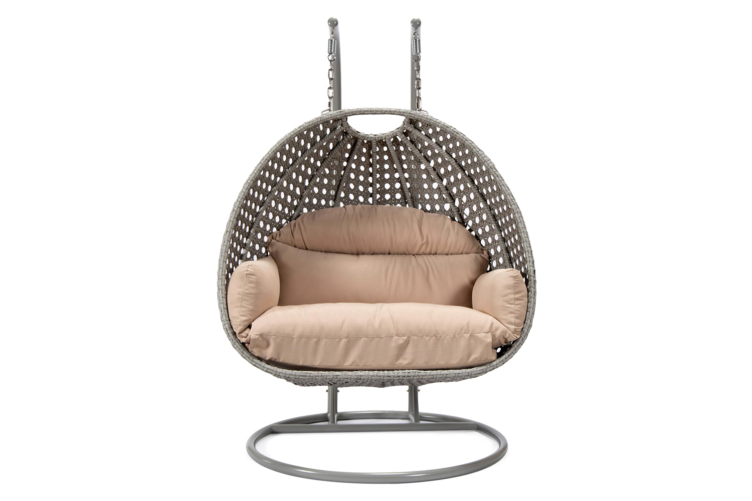 LeisureMod Mendoza Light Gray Wicker Hanging 2 Person Egg Swing Chair with Cushions - Beige