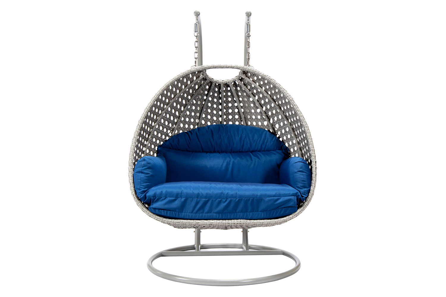 LeisureMod Mendoza Light Gray Wicker Hanging 2 Person Egg Swing Chair with Cushions - Blue