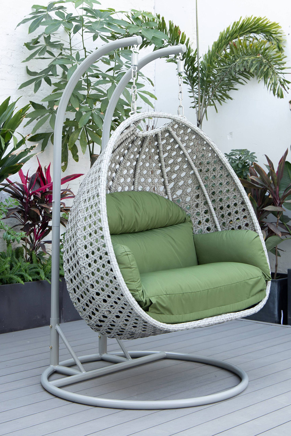 LeisureMod Mendoza Light Gray Wicker Hanging 2 Person Egg Swing Chair with Cushions - Dark Green