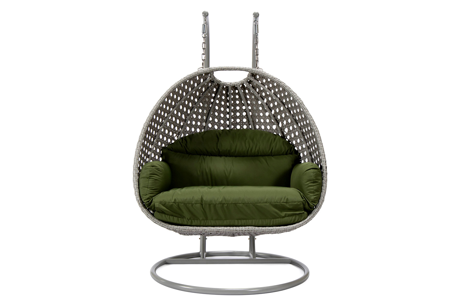 LeisureMod Mendoza Light Gray Wicker Hanging 2 Person Egg Swing Chair with Cushions - Dark Green