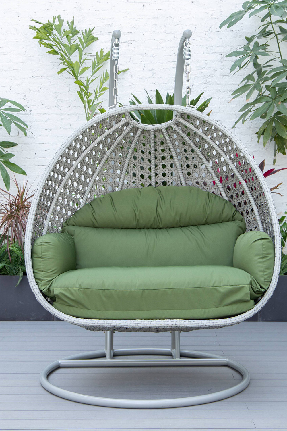 LeisureMod Mendoza Light Gray Wicker Hanging 2 Person Egg Swing Chair with Cushions - Dark Green