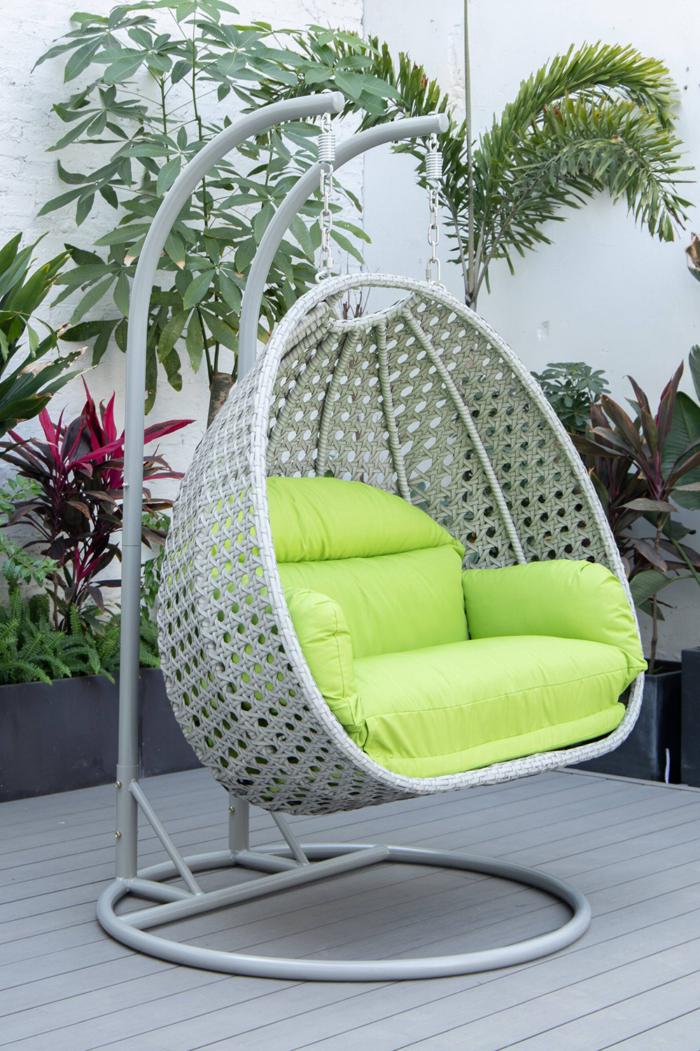 LeisureMod Mendoza Light Gray Wicker Hanging 2 Person Egg Swing Chair with Cushions - Light Green