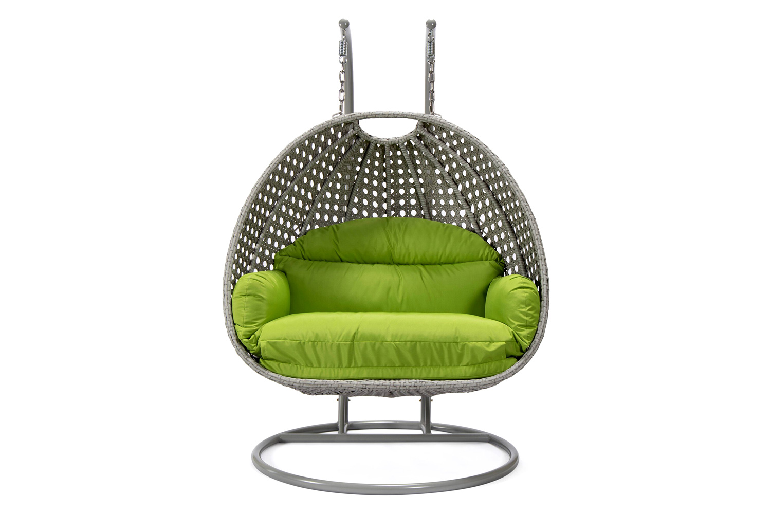 LeisureMod Mendoza Light Gray Wicker Hanging 2 Person Egg Swing Chair with Cushions - Light Green