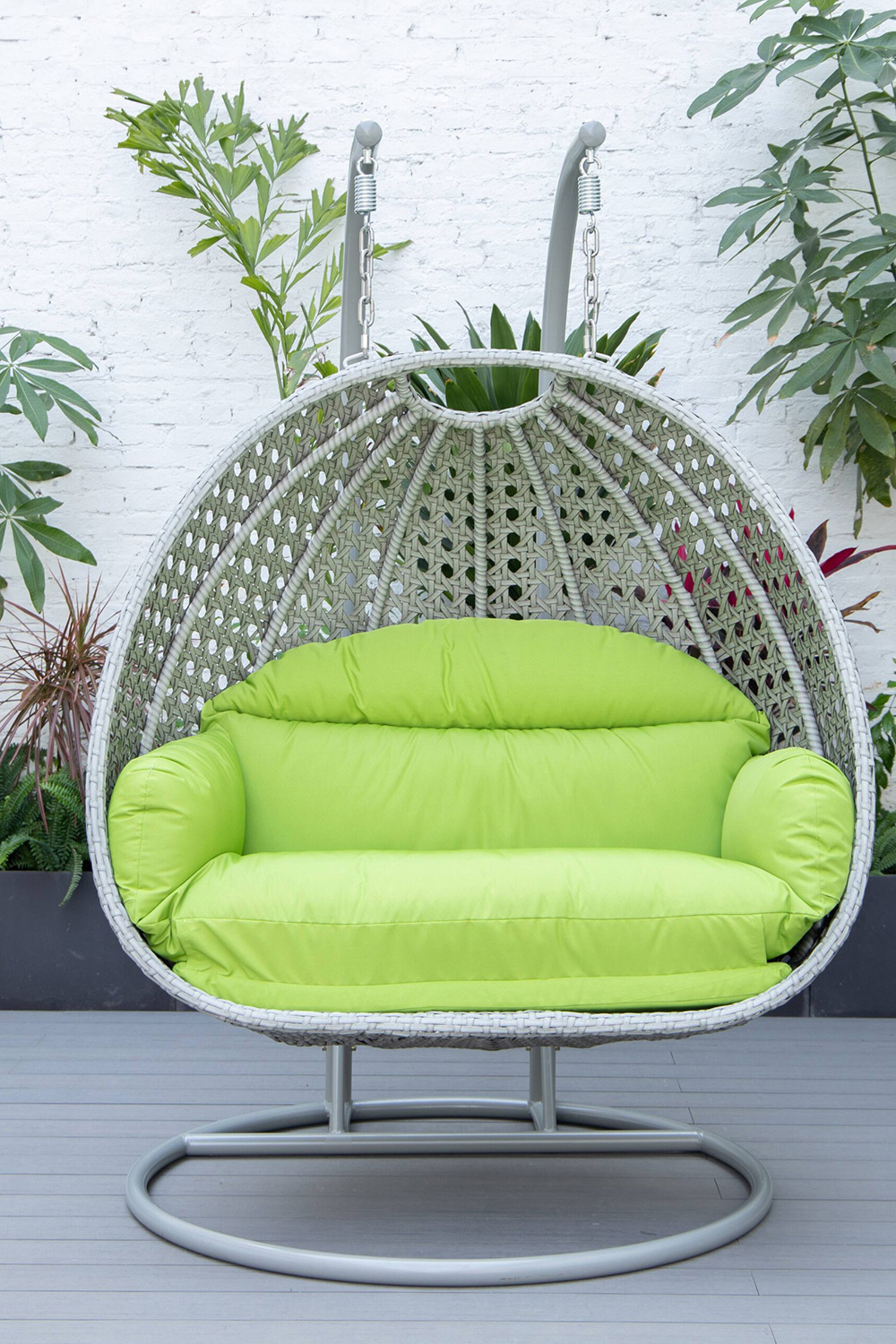 LeisureMod Mendoza Light Gray Wicker Hanging 2 Person Egg Swing Chair with Cushions - Light Green