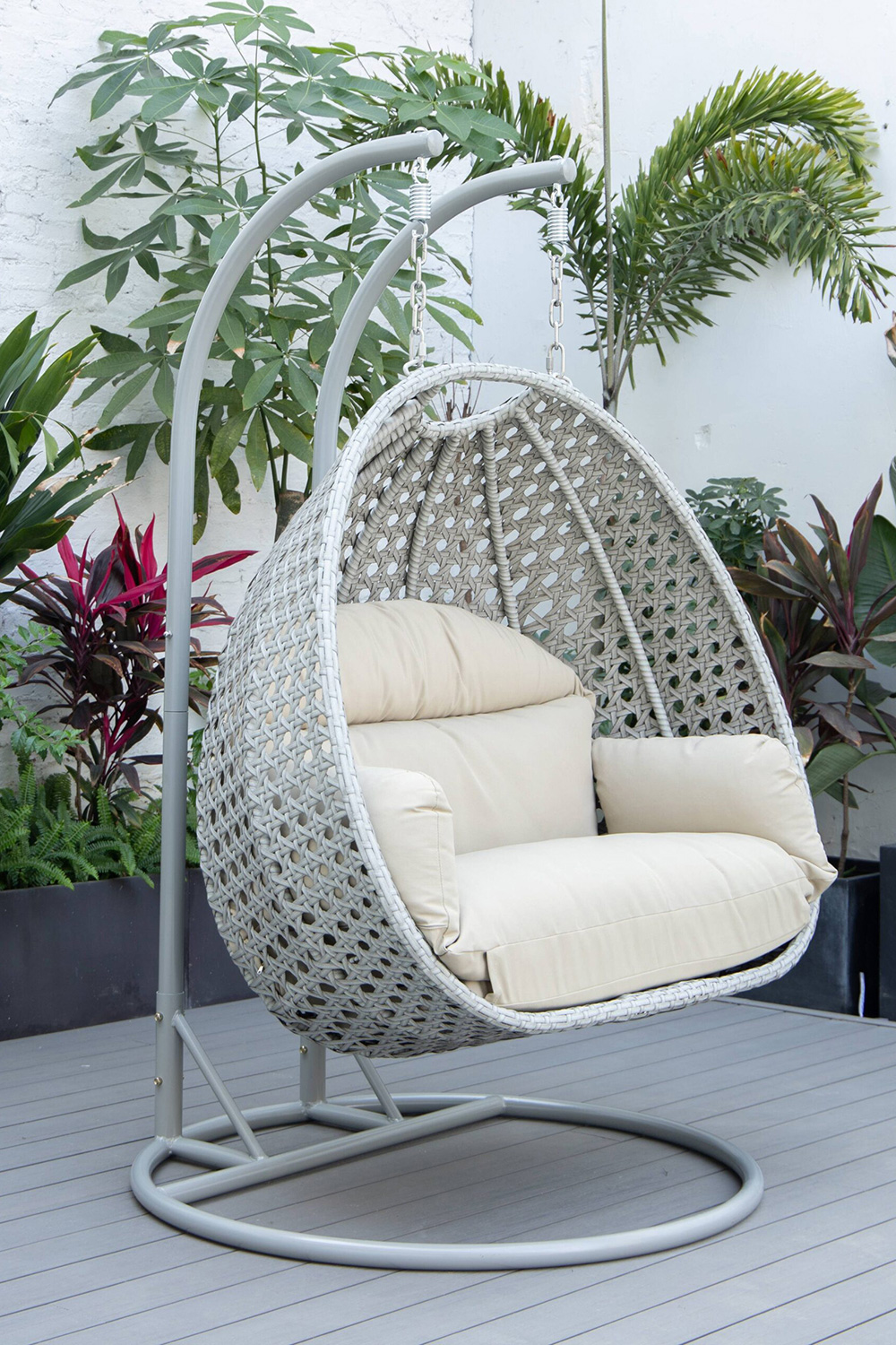 LeisureMod Mendoza Light Gray Wicker Hanging 2 Person Egg Swing Chair with Cushions - Taupe