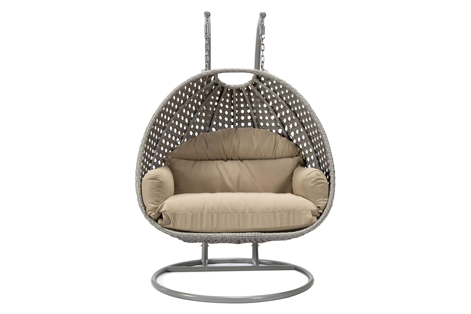 LeisureMod Mendoza Light Gray Wicker Hanging 2 Person Egg Swing Chair with Cushions - Taupe