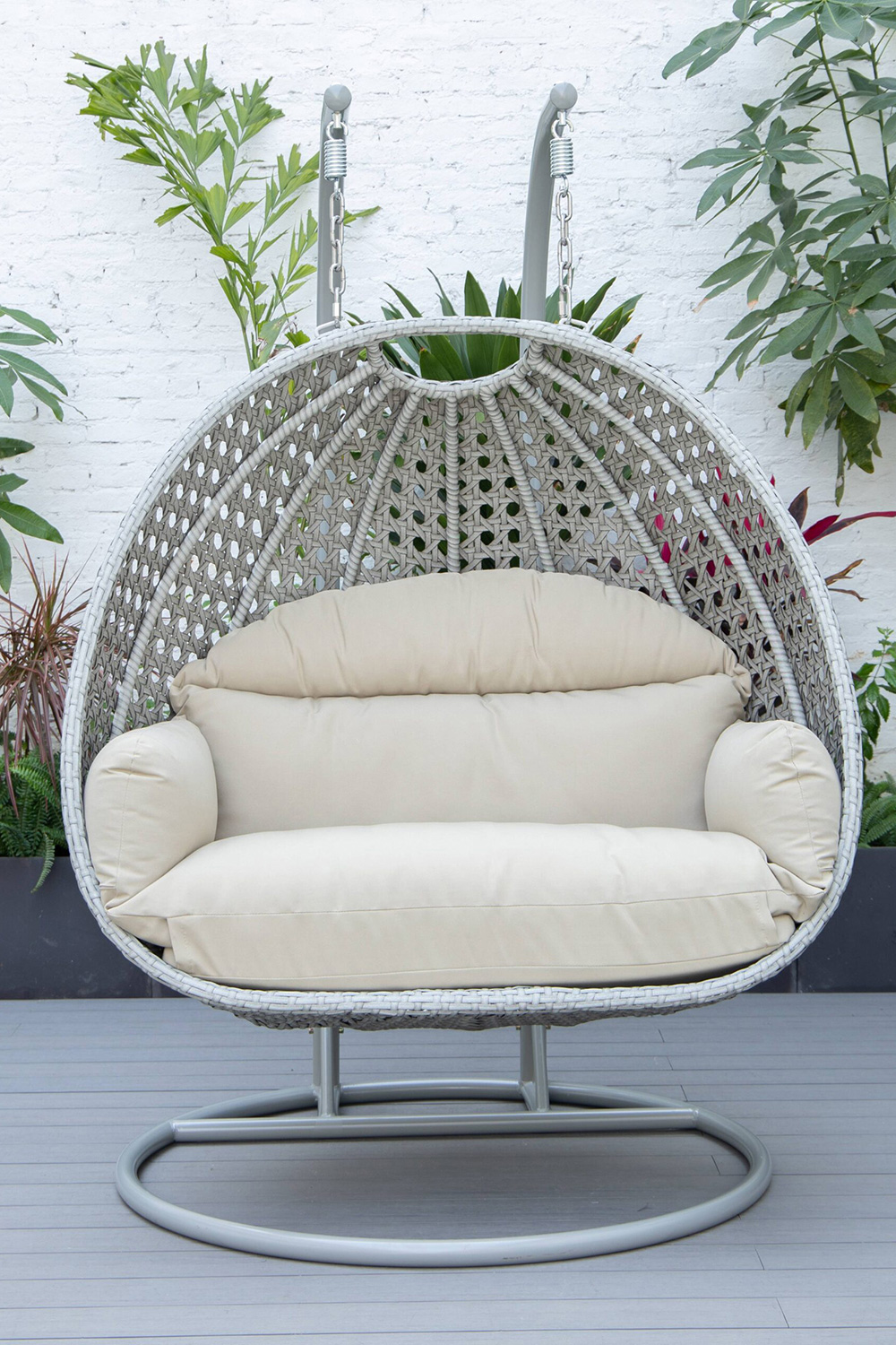 LeisureMod Mendoza Light Gray Wicker Hanging 2 Person Egg Swing Chair with Cushions - Taupe