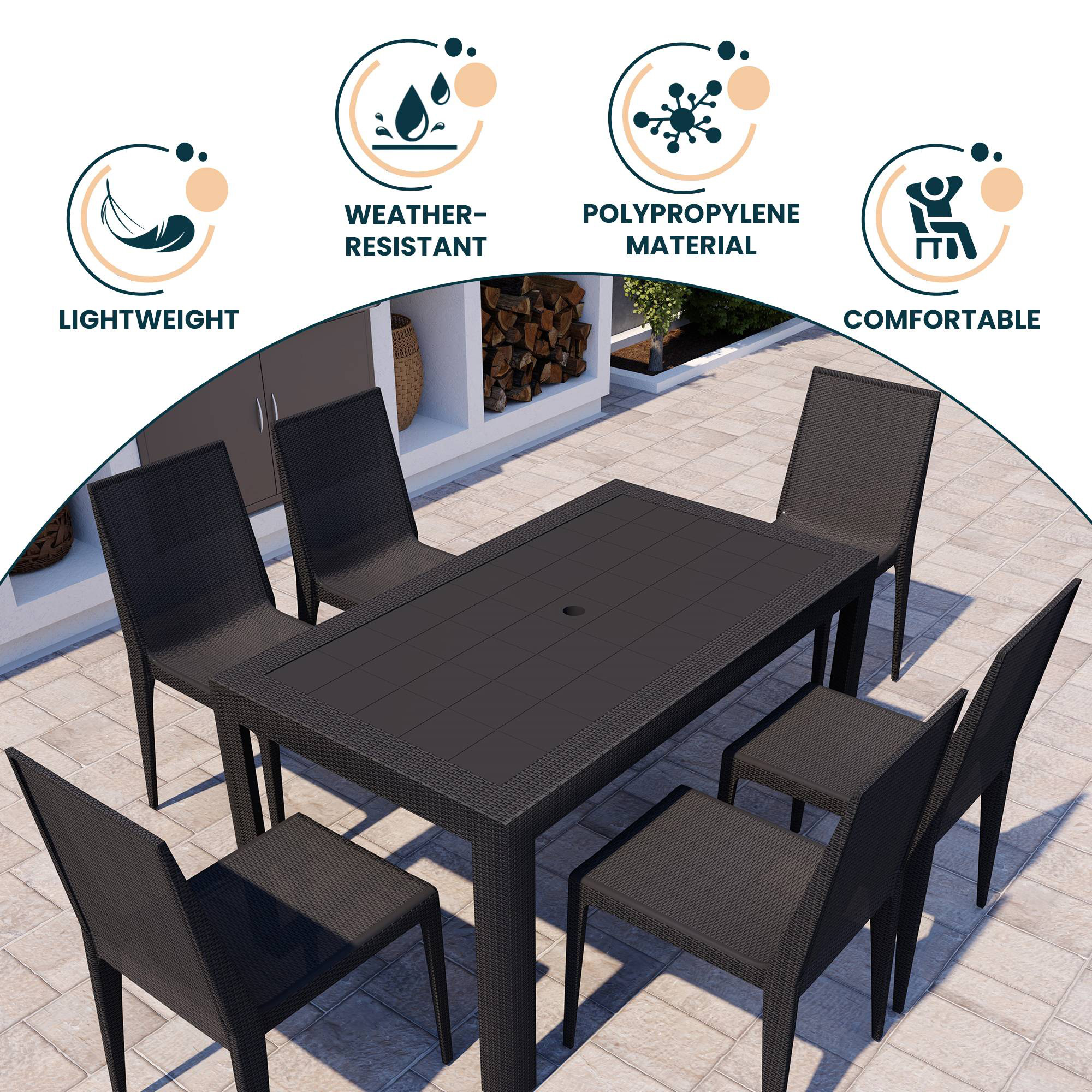 LeisureMod Mace Mid-Century 7-Piece Outdoor Dining Set - Black