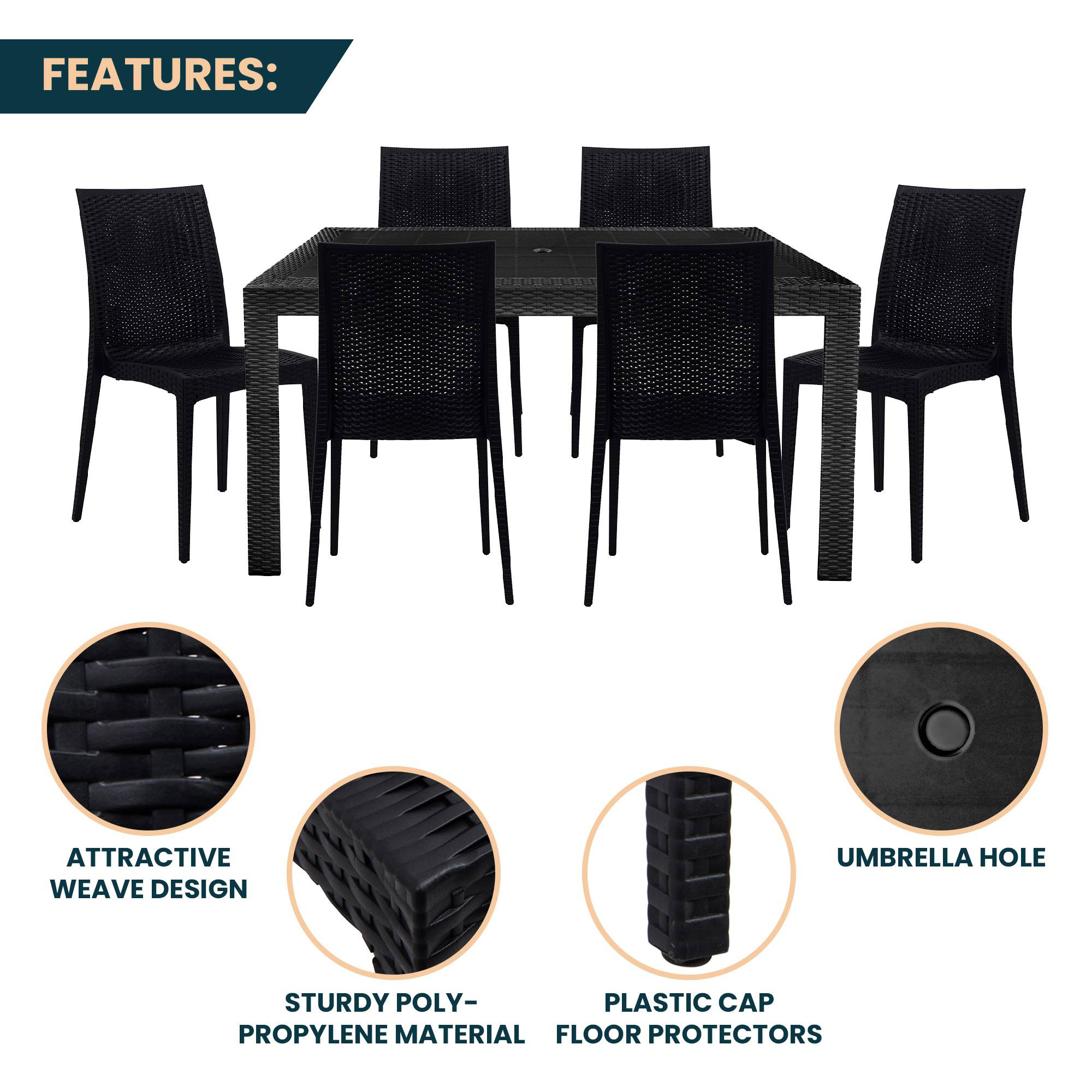 LeisureMod Mace Mid-Century 7-Piece Outdoor Dining Set - Black