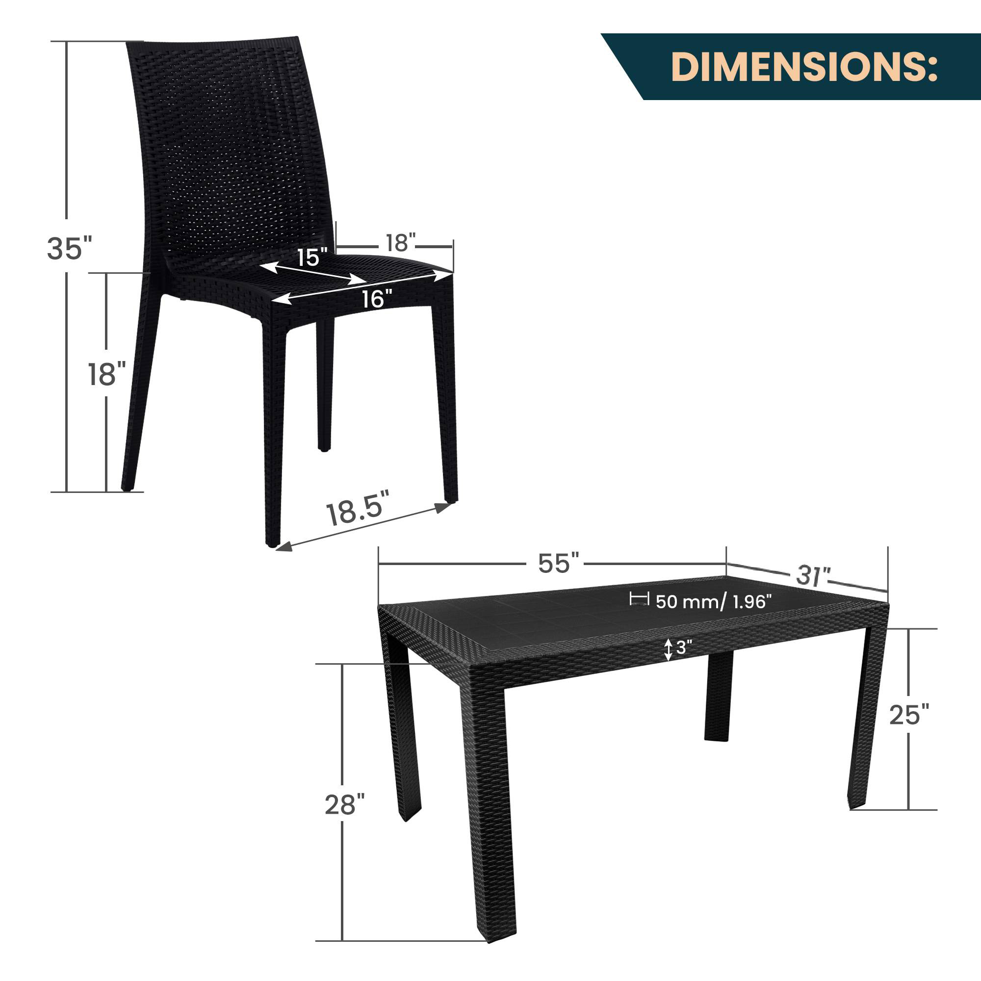 LeisureMod Mace Mid-Century 7-Piece Outdoor Dining Set - Black