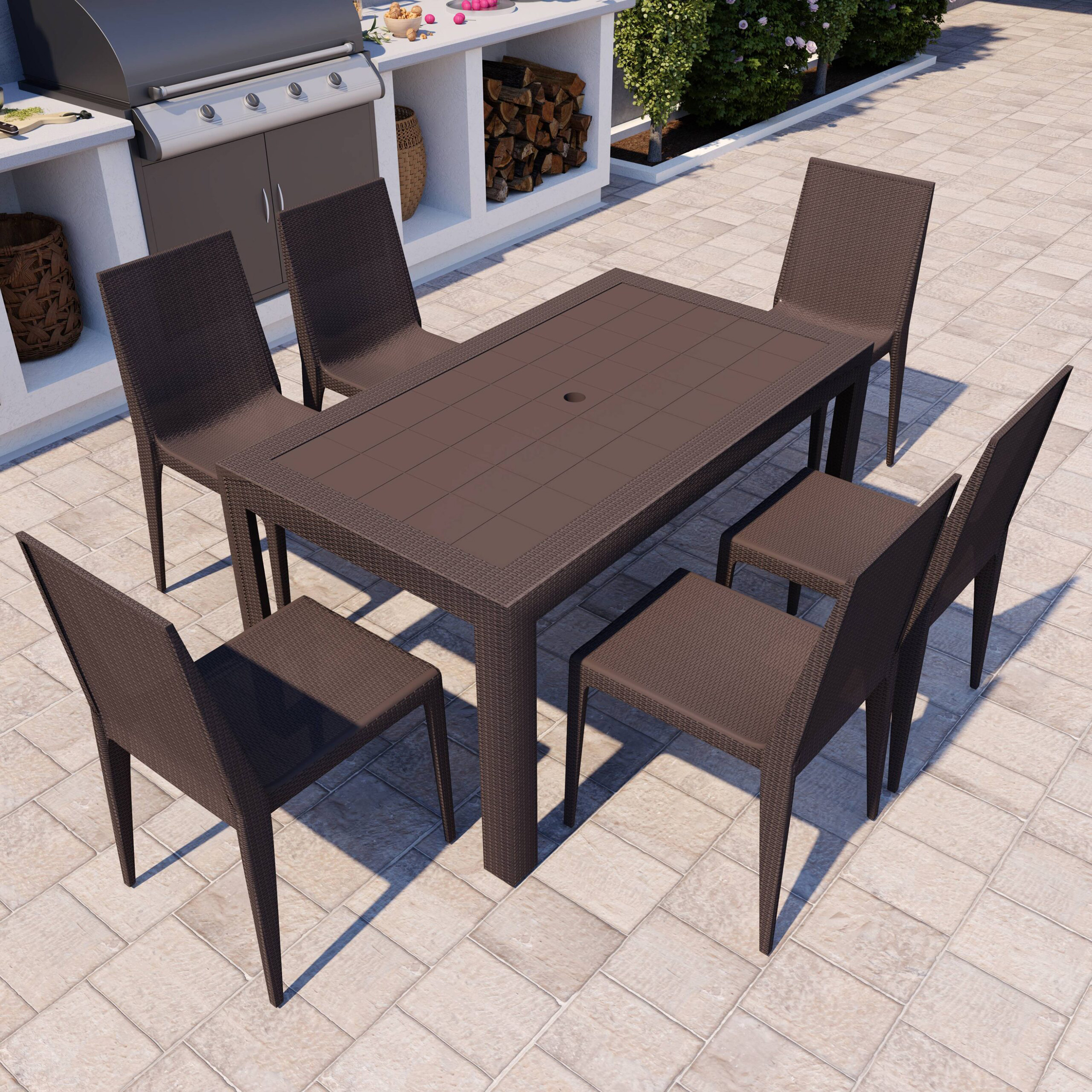 LeisureMod Mace Mid-Century 7-Piece Outdoor Dining Set