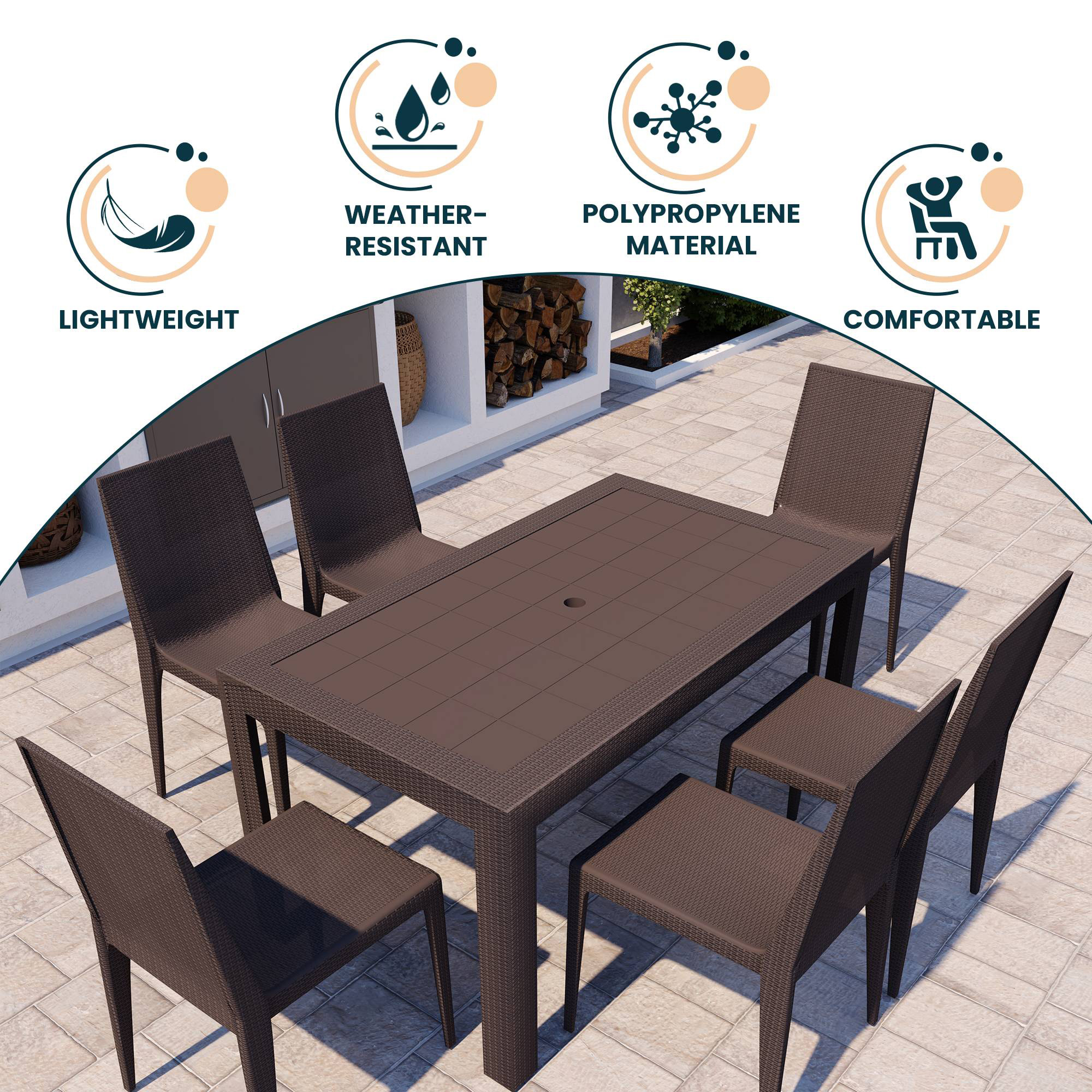 LeisureMod Mace Mid-Century 7-Piece Outdoor Dining Set - Brown