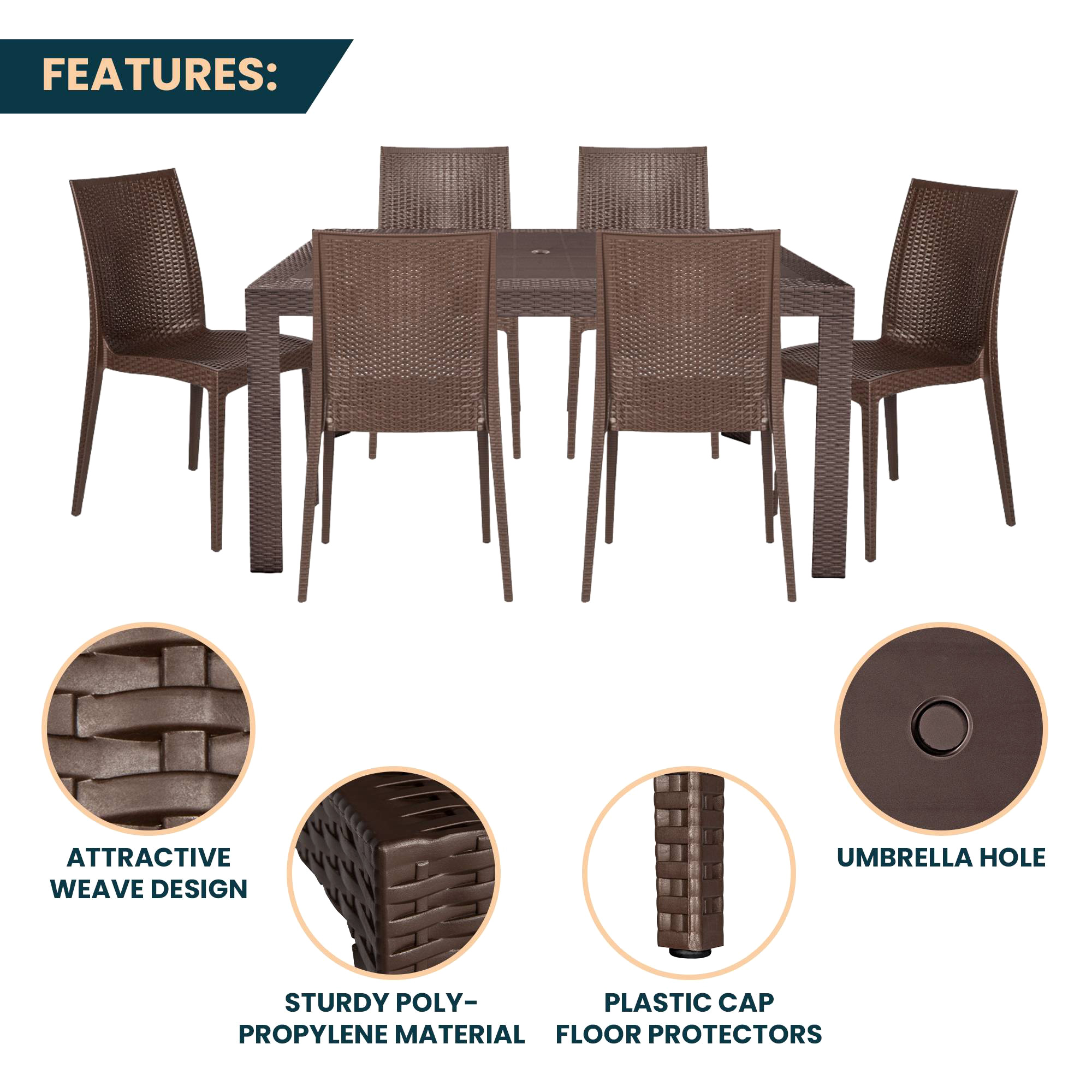 LeisureMod Mace Mid-Century 7-Piece Outdoor Dining Set - Brown