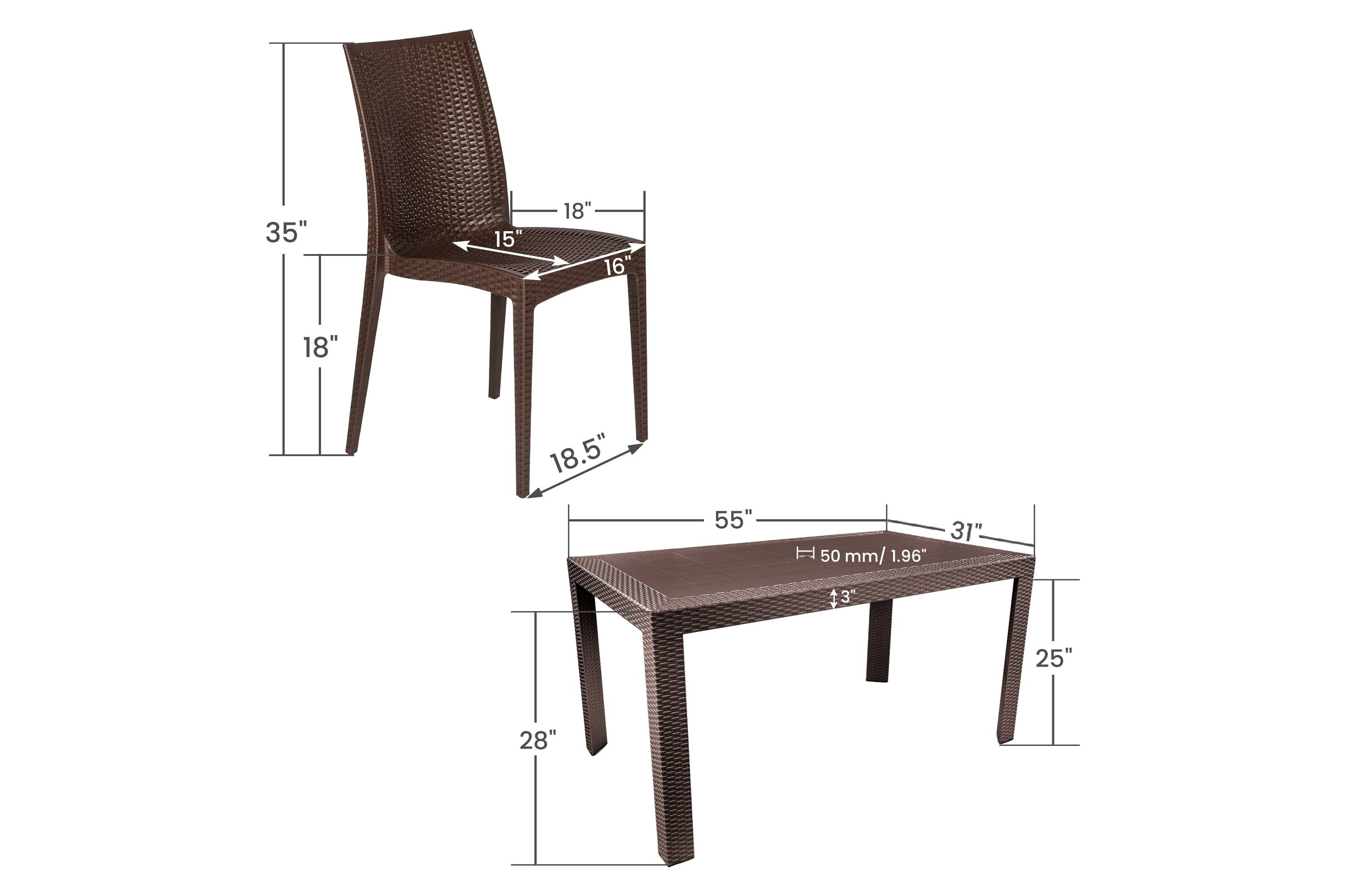 LeisureMod Mace Mid-Century 7-Piece Outdoor Dining Set - Brown