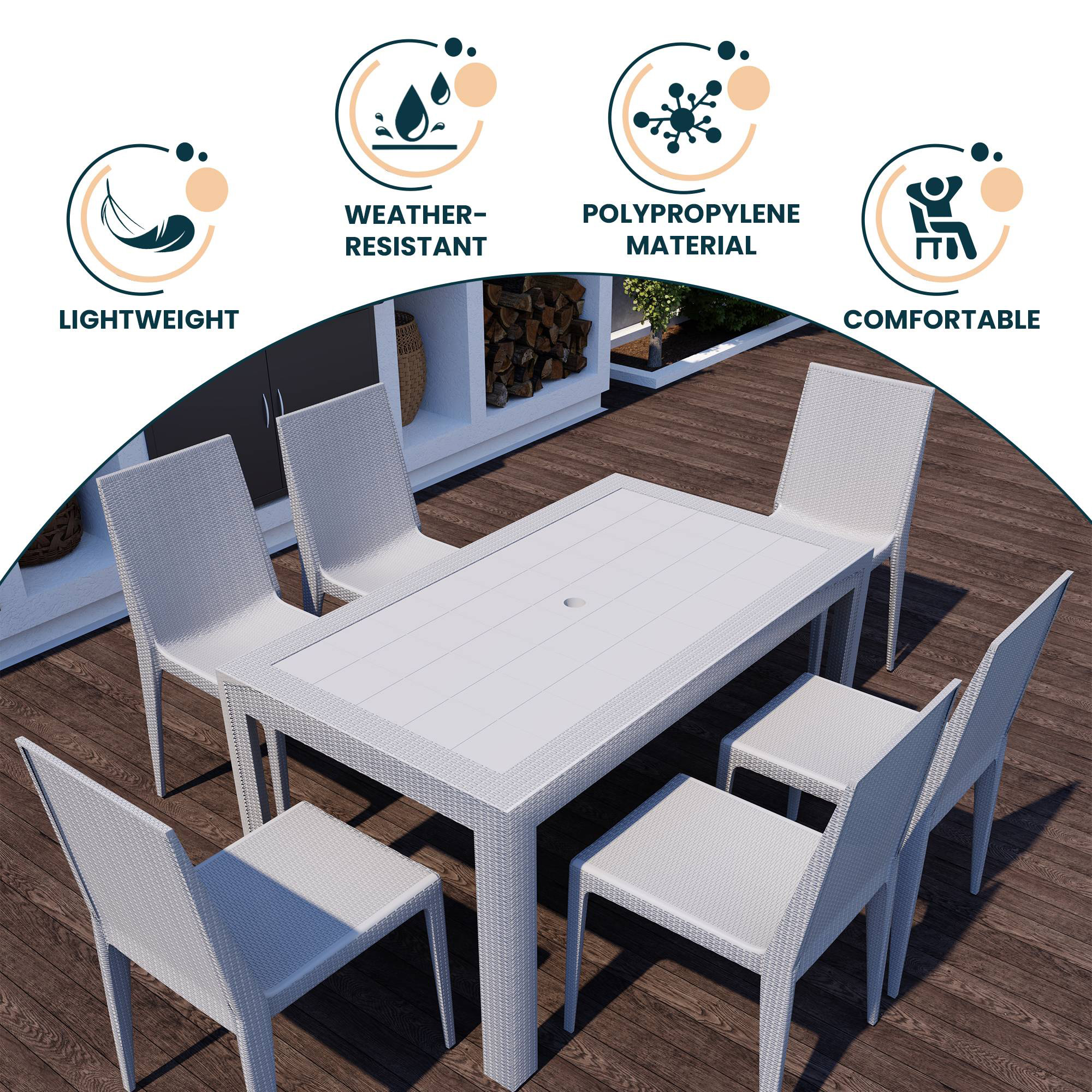 LeisureMod Mace Mid-Century 7-Piece Outdoor Dining Set - White