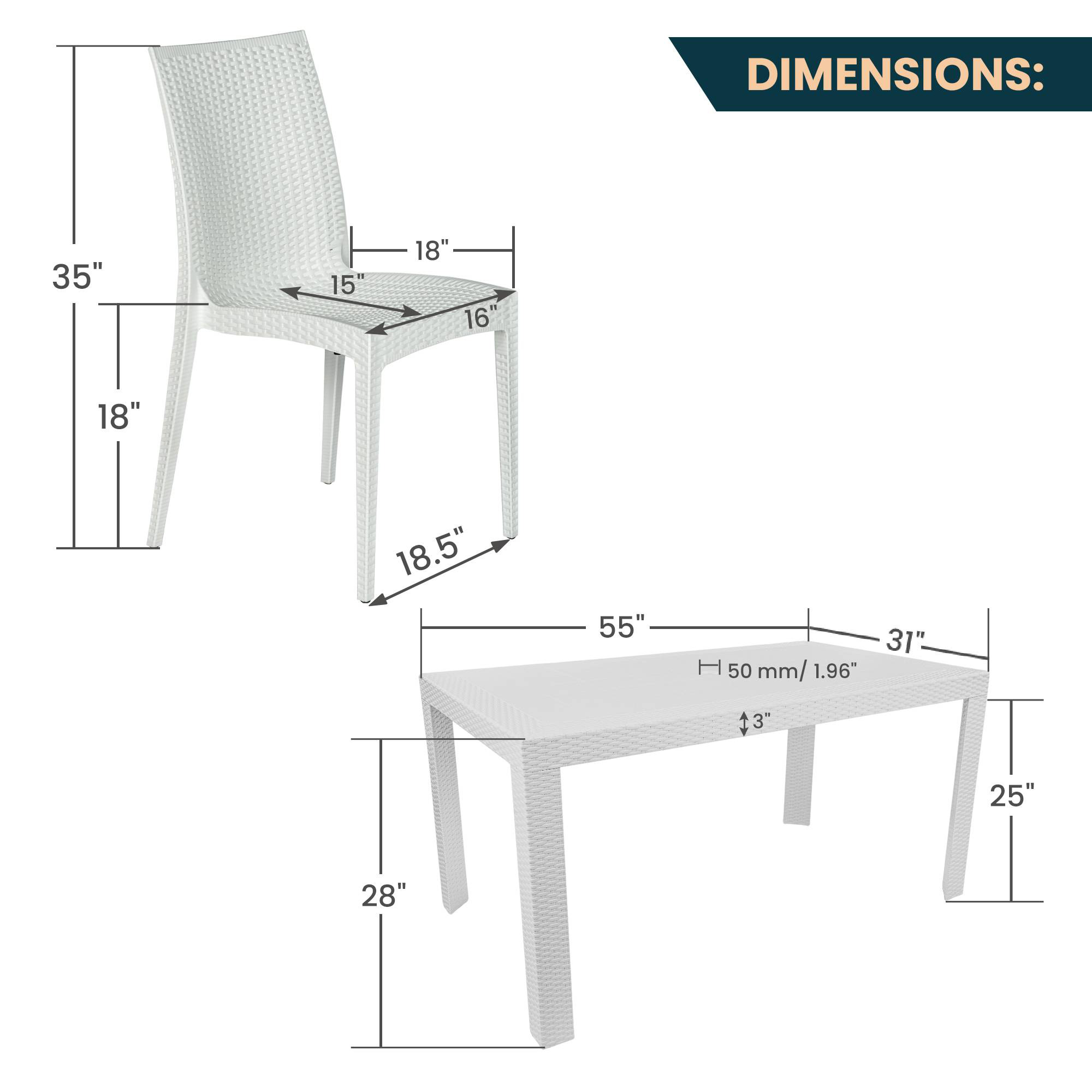 LeisureMod Mace Mid-Century 7-Piece Outdoor Dining Set - White