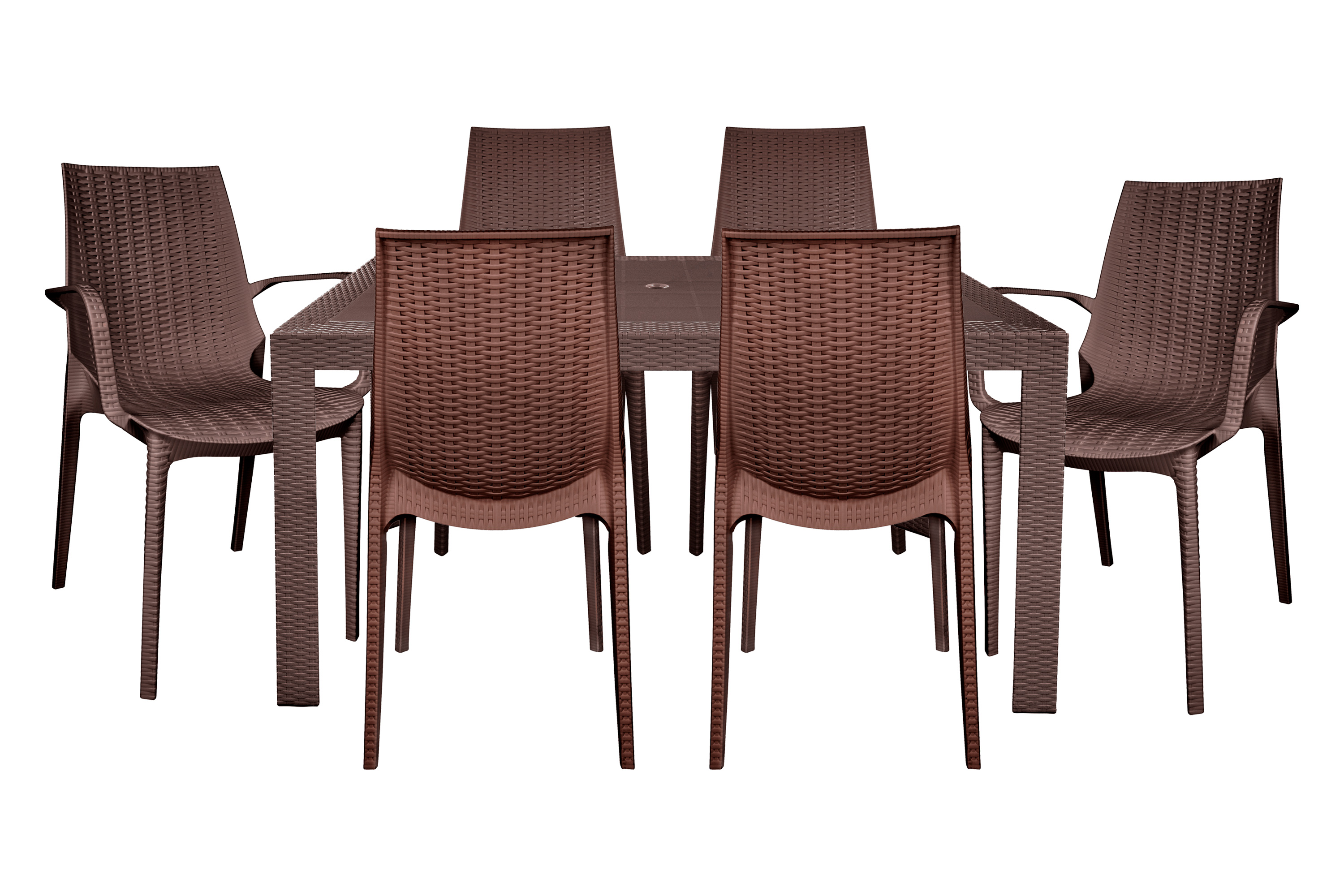 LeisureMod Kent Mid-Century Modern 7-Piece Rectangular Outdoor Dining Set with 4 Side Chairs and 2 Arm Chairs