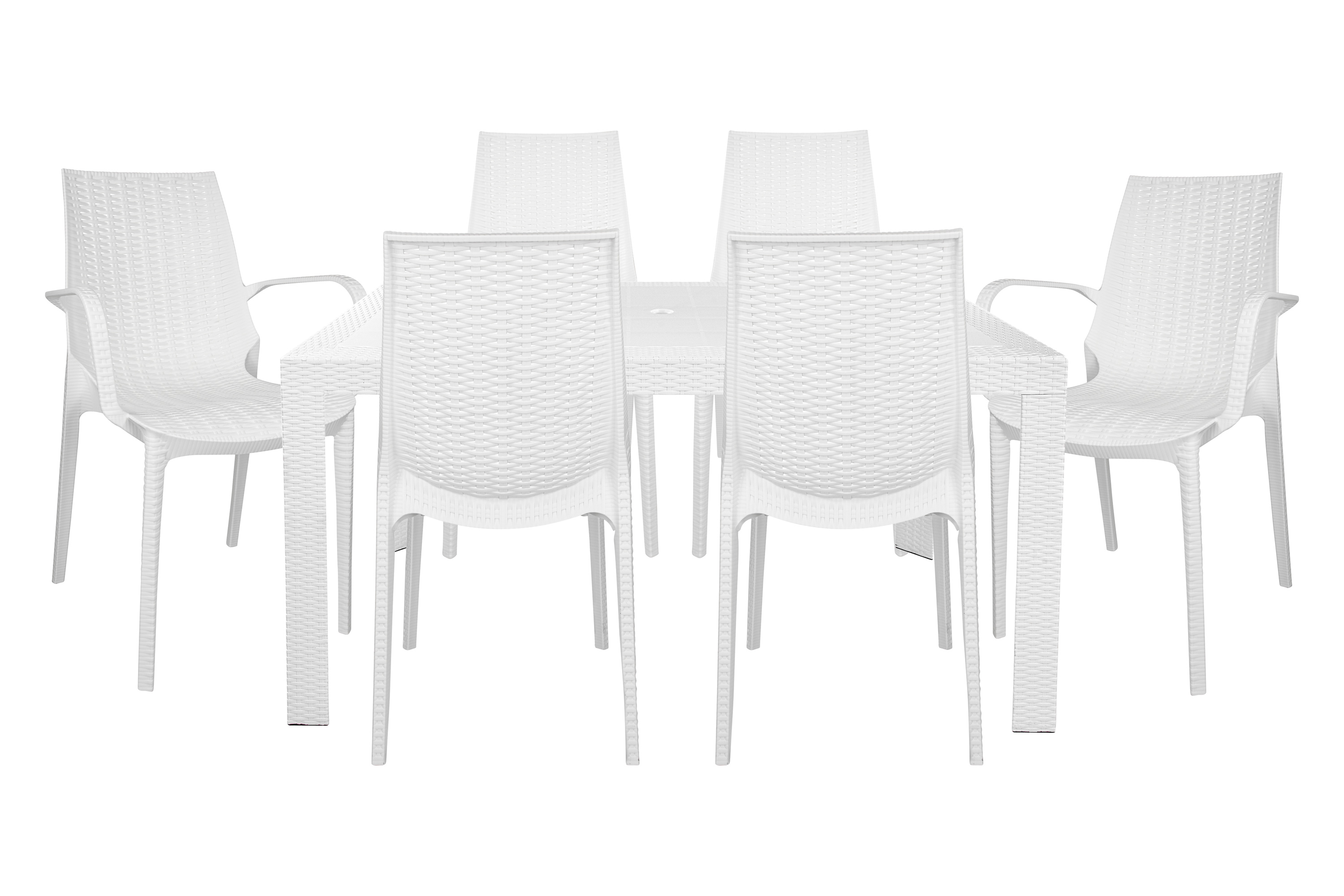 LeisureMod Kent Mid-Century Modern 7-Piece Rectangular Outdoor Dining Set with 4 Side Chairs and 2 Arm Chairs