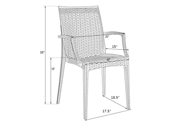 LeisureMod Mace Mid-Century 7-Piece Rectangular Outdoor Dining Set with 4 Side Chairs and 2 Armchairs - Black