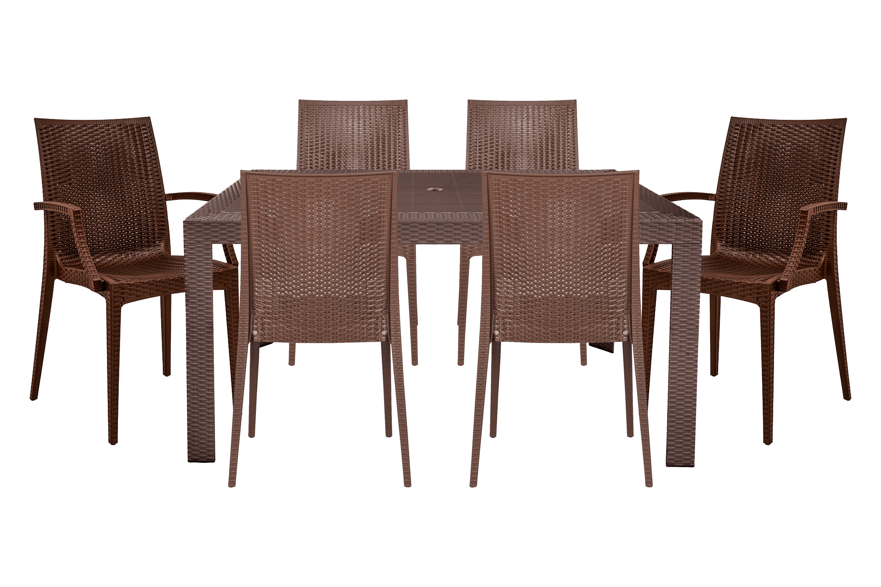 LeisureMod Mace Mid-Century 7-Piece Rectangular Outdoor Dining Set with 4 Side Chairs and 2 Armchairs