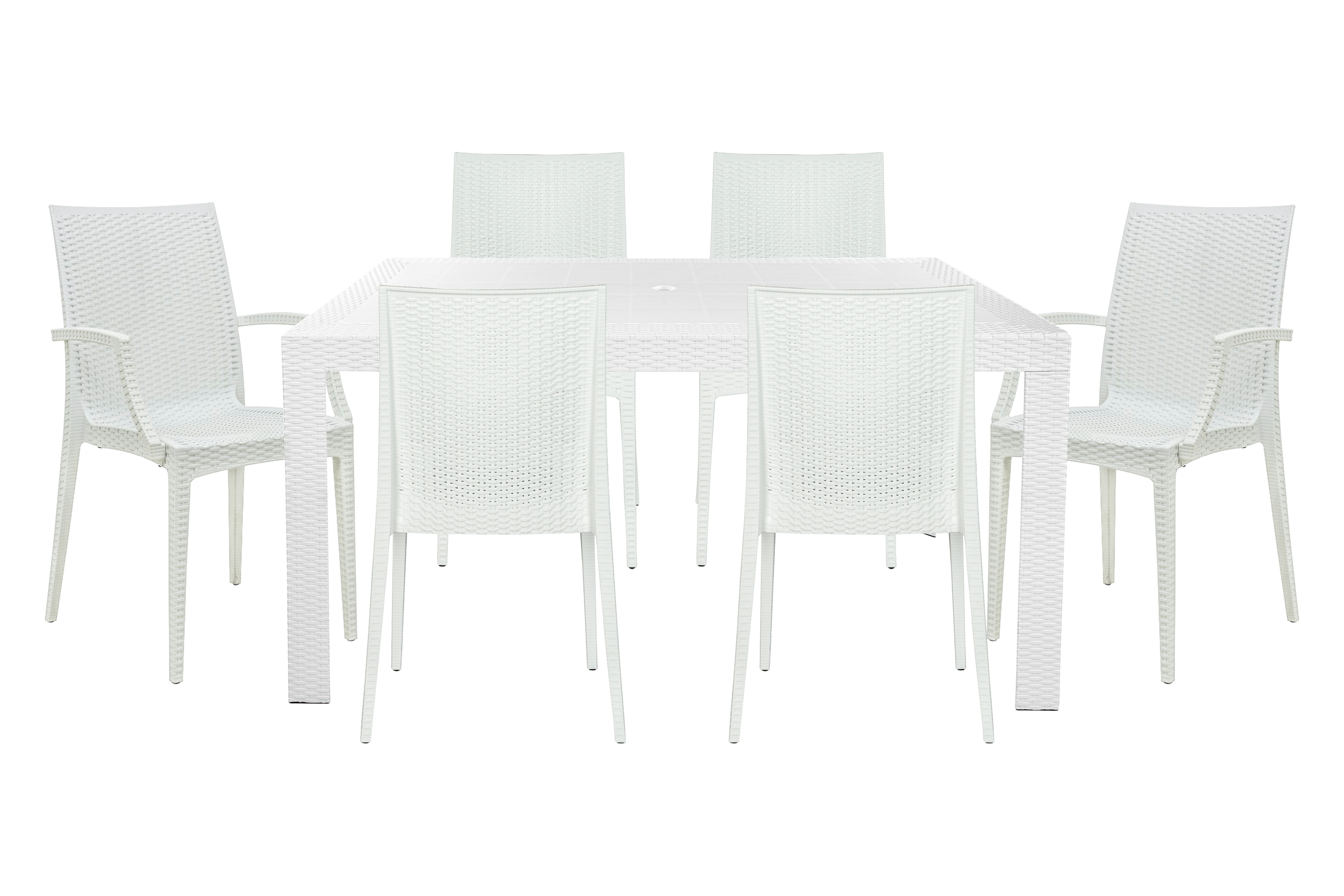 LeisureMod Mace Mid-Century 7-Piece Rectangular Outdoor Dining Set with 4 Side Chairs and 2 Armchairs