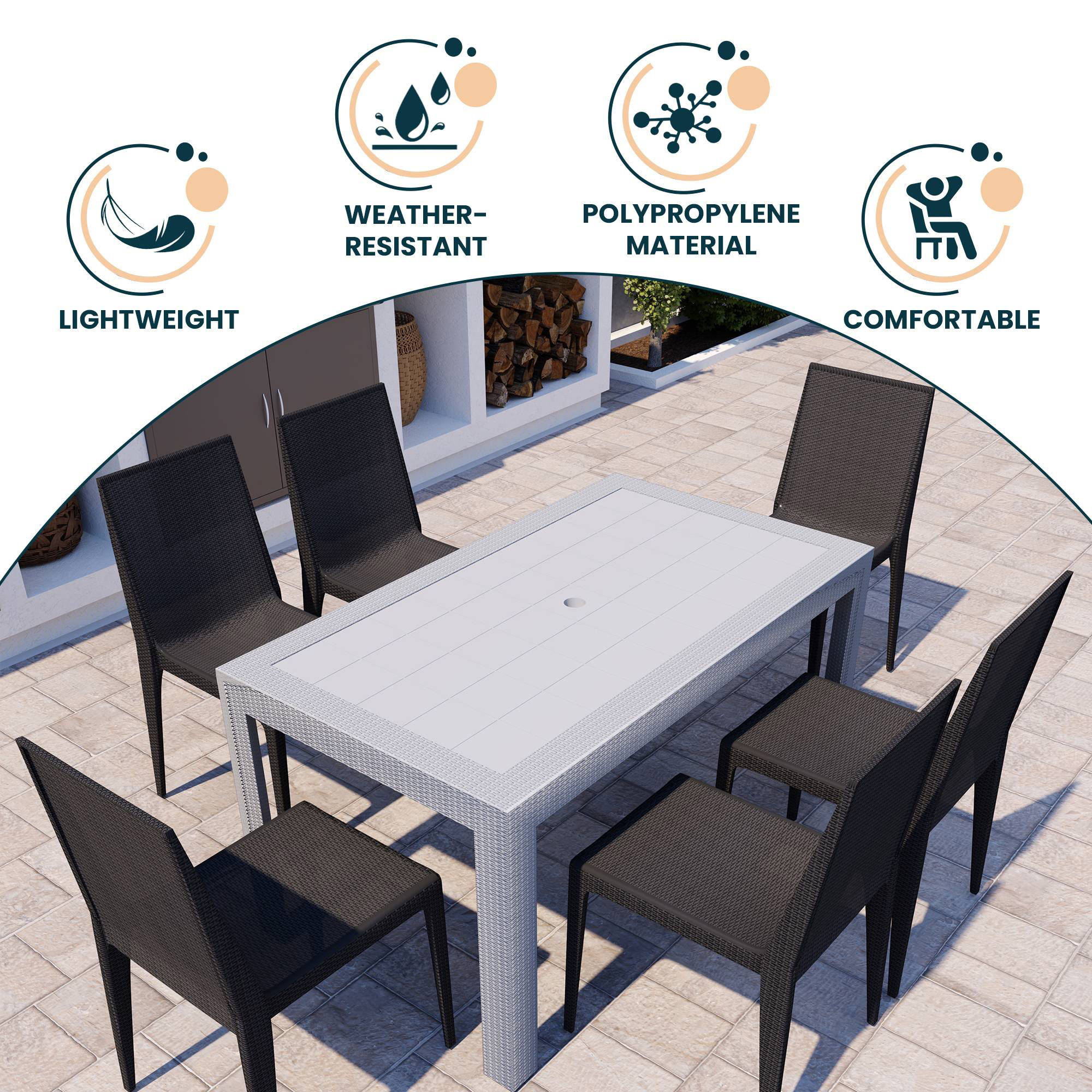 LeisureMod Mace Mid-Century 7-Piece Outdoor Dining Set - White And Black