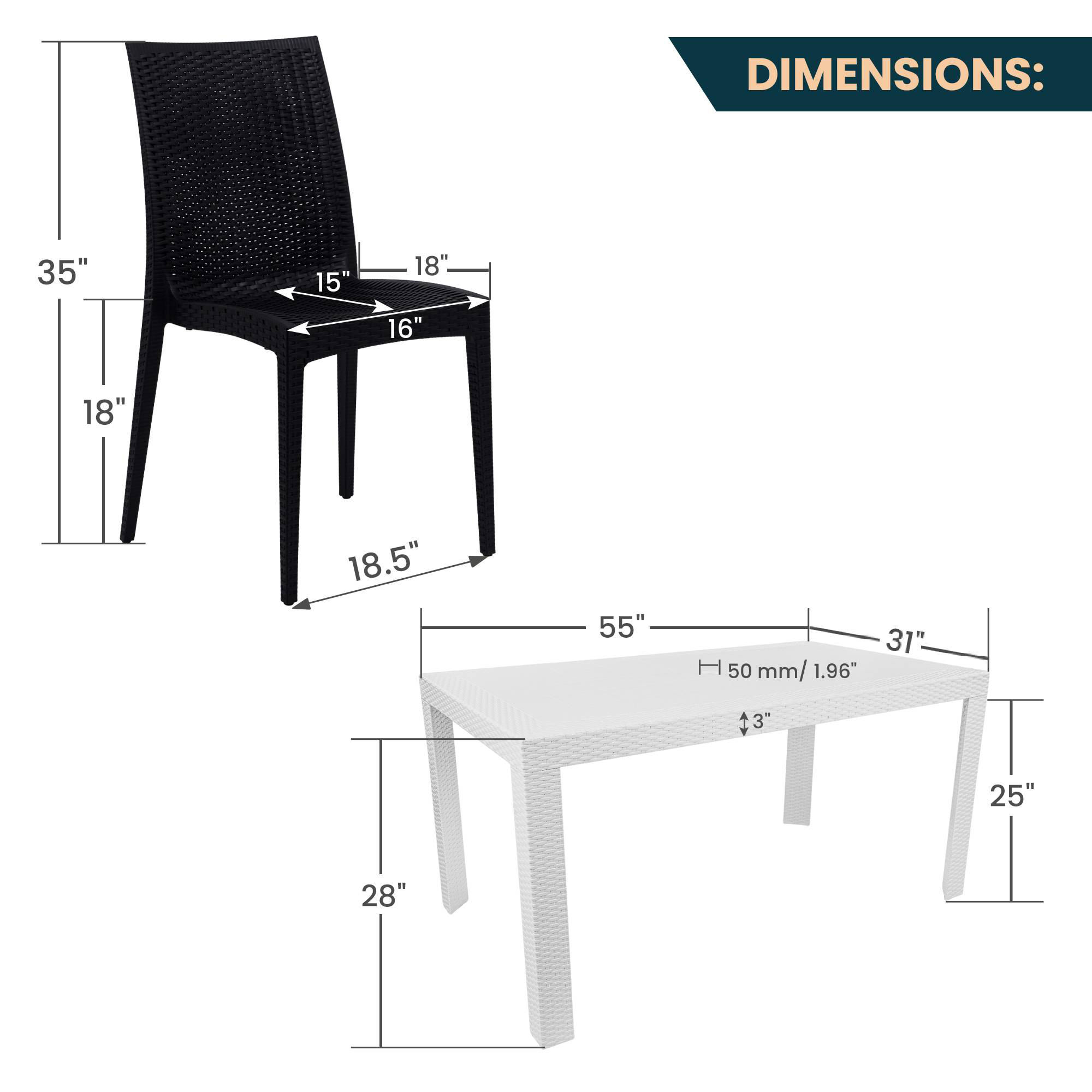 LeisureMod Mace Mid-Century 7-Piece Outdoor Dining Set - White And Black