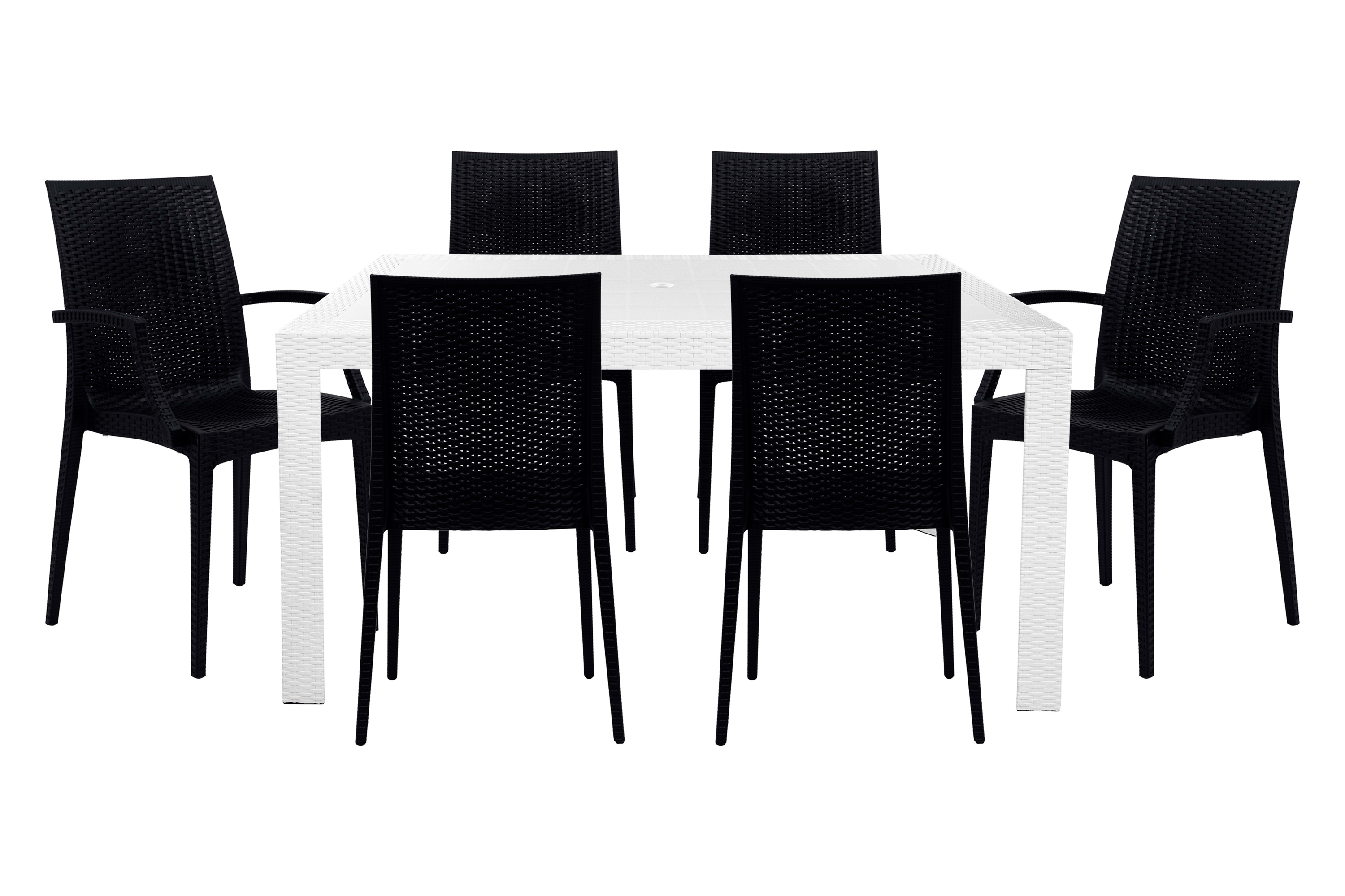 LeisureMod Mace Mid-Century 7-Piece Rectangular Outdoor Dining Set with 4 Side Chairs and 2 Armchairs