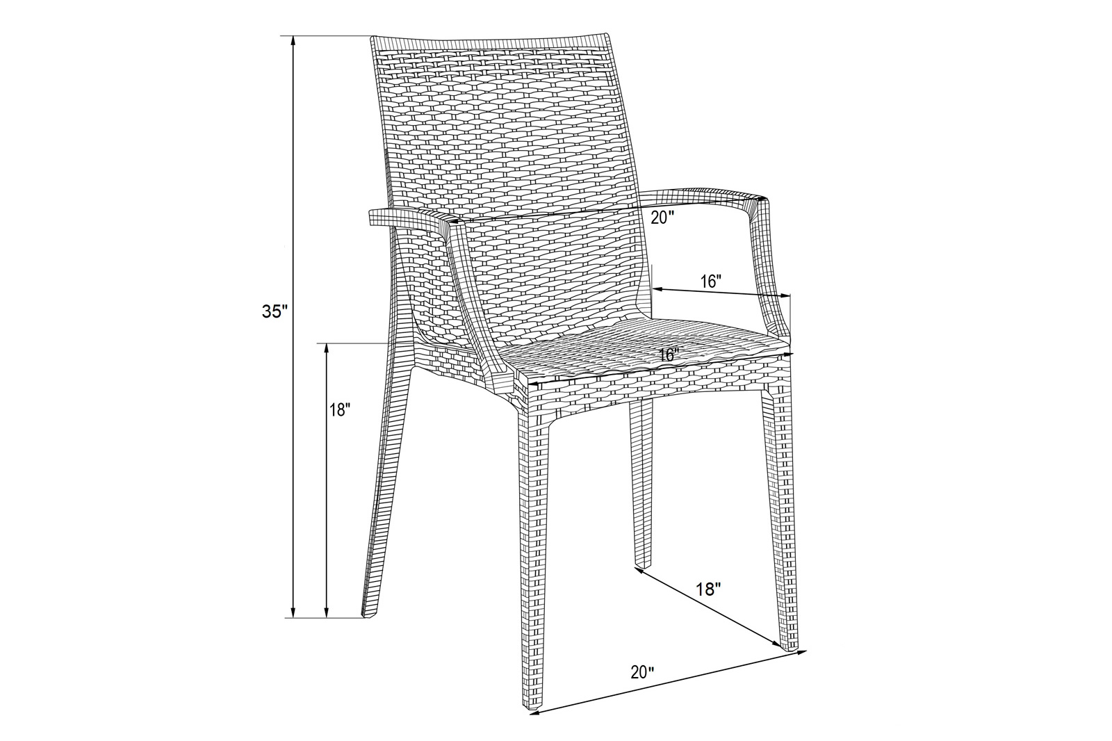 LeisureMod Mace Mid-Century 7-Piece Rectangular Outdoor Dining Set with 4 Side Chairs and 2 Armchairs - White And Black