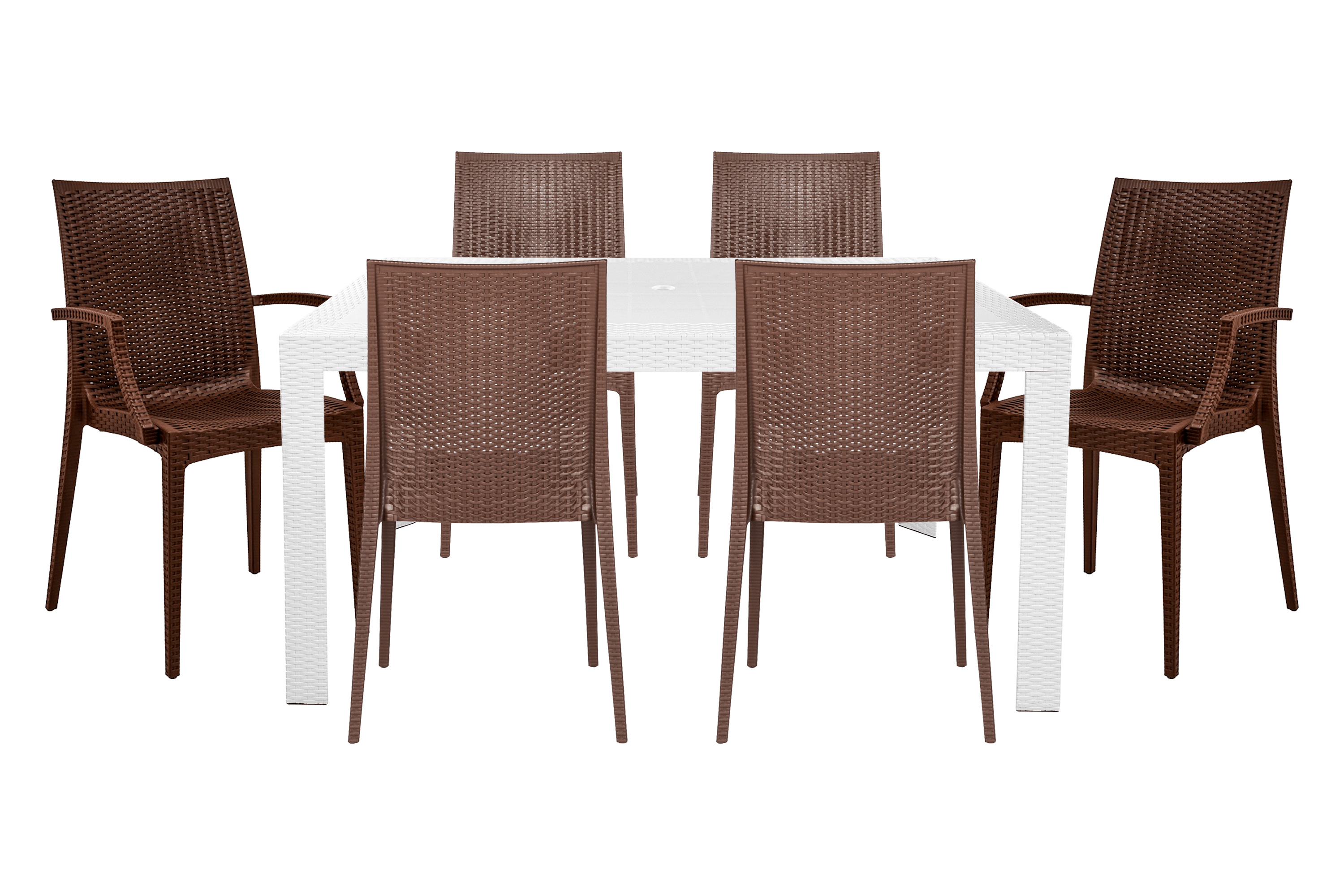 LeisureMod Mace Mid-Century 7-Piece Rectangular Outdoor Dining Set with 4 Side Chairs and 2 Armchairs