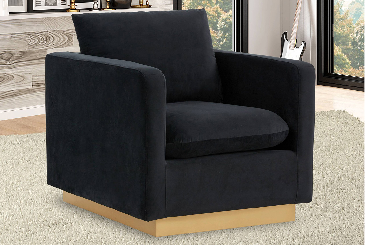 LeisureMod™ Nervo Modern Mid-Century Upholstered Velvet Accent Chair with Gold Base - Midnight Black