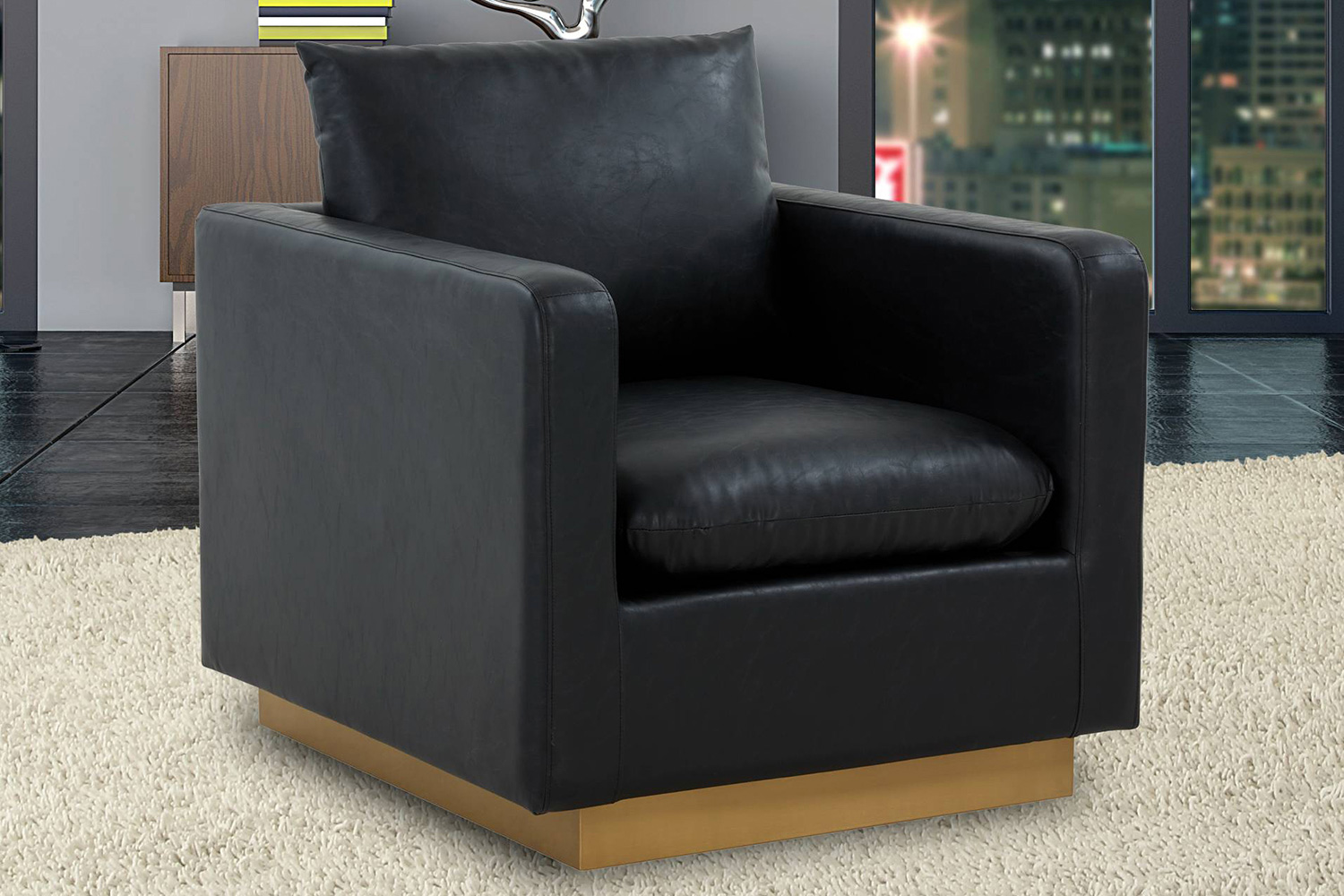 LeisureMod Nervo Modern Mid-Century Upholstered Leather Accent Armchair with Gold Base - Black