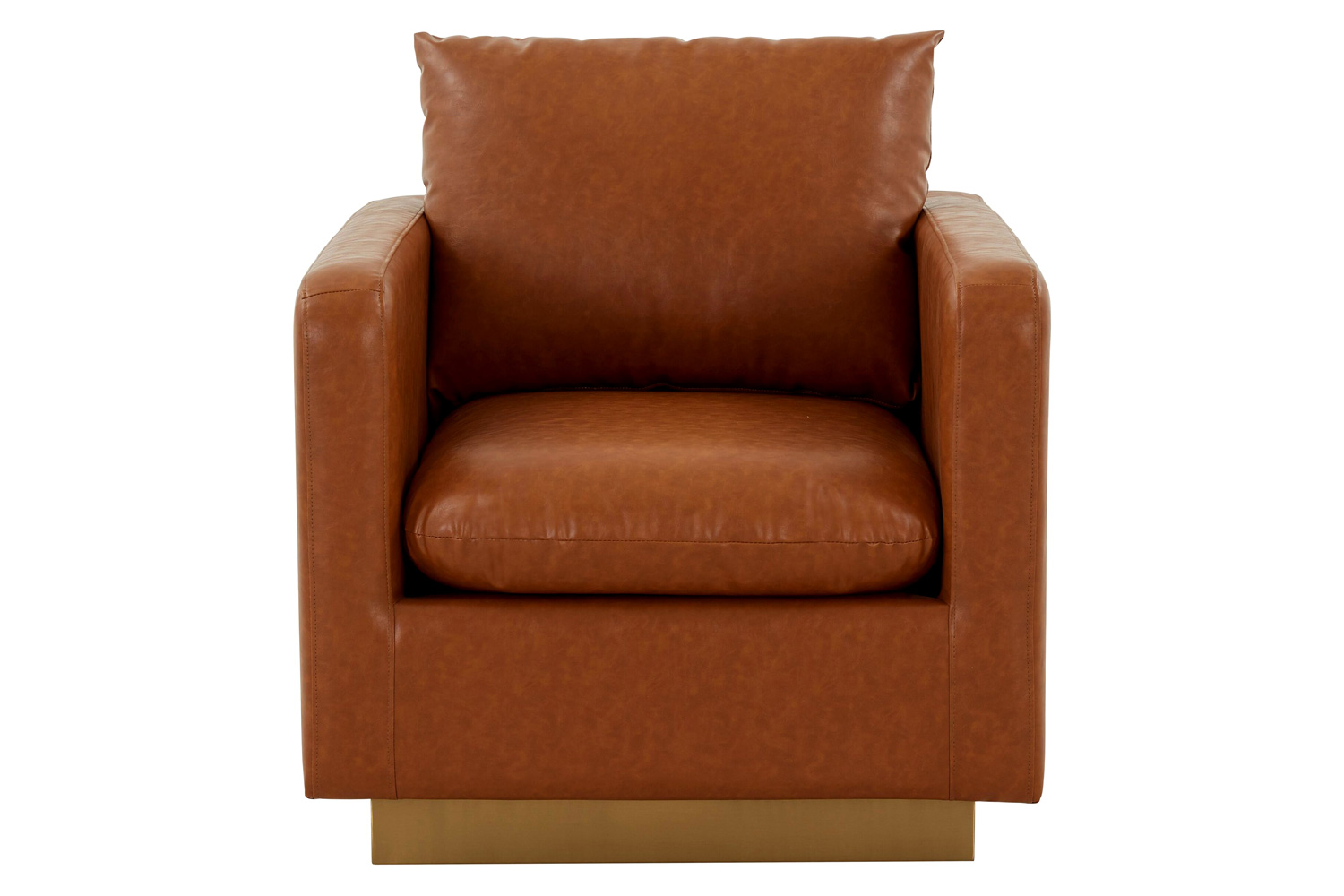 LeisureMod Nervo Modern Mid-Century Upholstered Leather Accent Armchair with Gold Base - Cognac/Tan