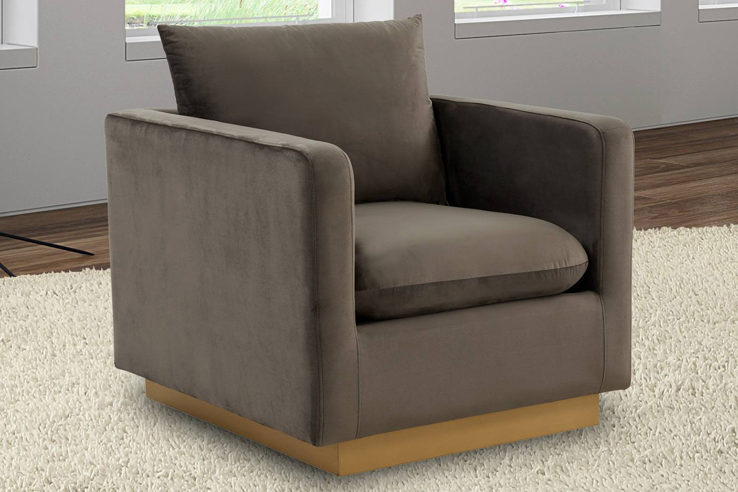 LeisureMod™ Nervo Modern Mid-Century Upholstered Velvet Accent Chair with Gold Base - Dark Gray