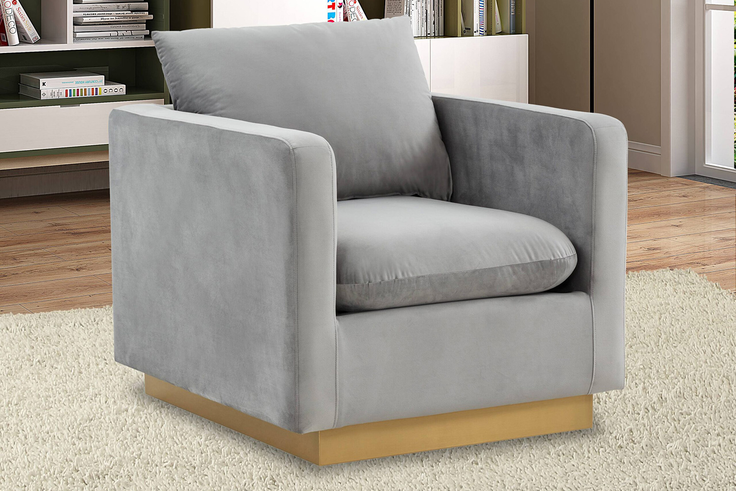 LeisureMod™ Nervo Modern Mid-Century Upholstered Velvet Accent Chair with Gold Base - Light Gray