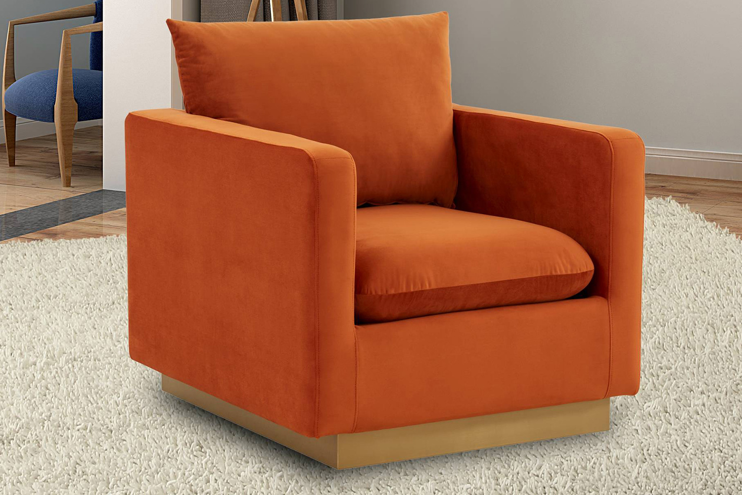 LeisureMod Nervo Modern Mid-Century Upholstered Velvet Accent Chair with Gold Base - Orange/Marmalade