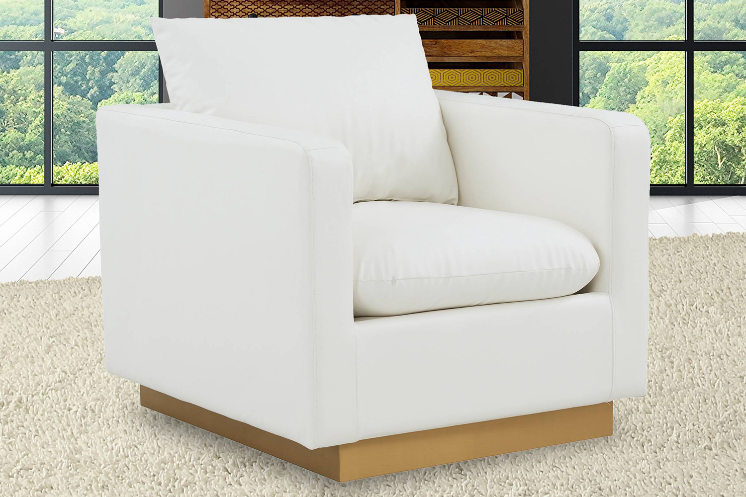 LeisureMod™ Nervo Modern Mid-Century Upholstered Leather Accent Armchair with Gold Base - White