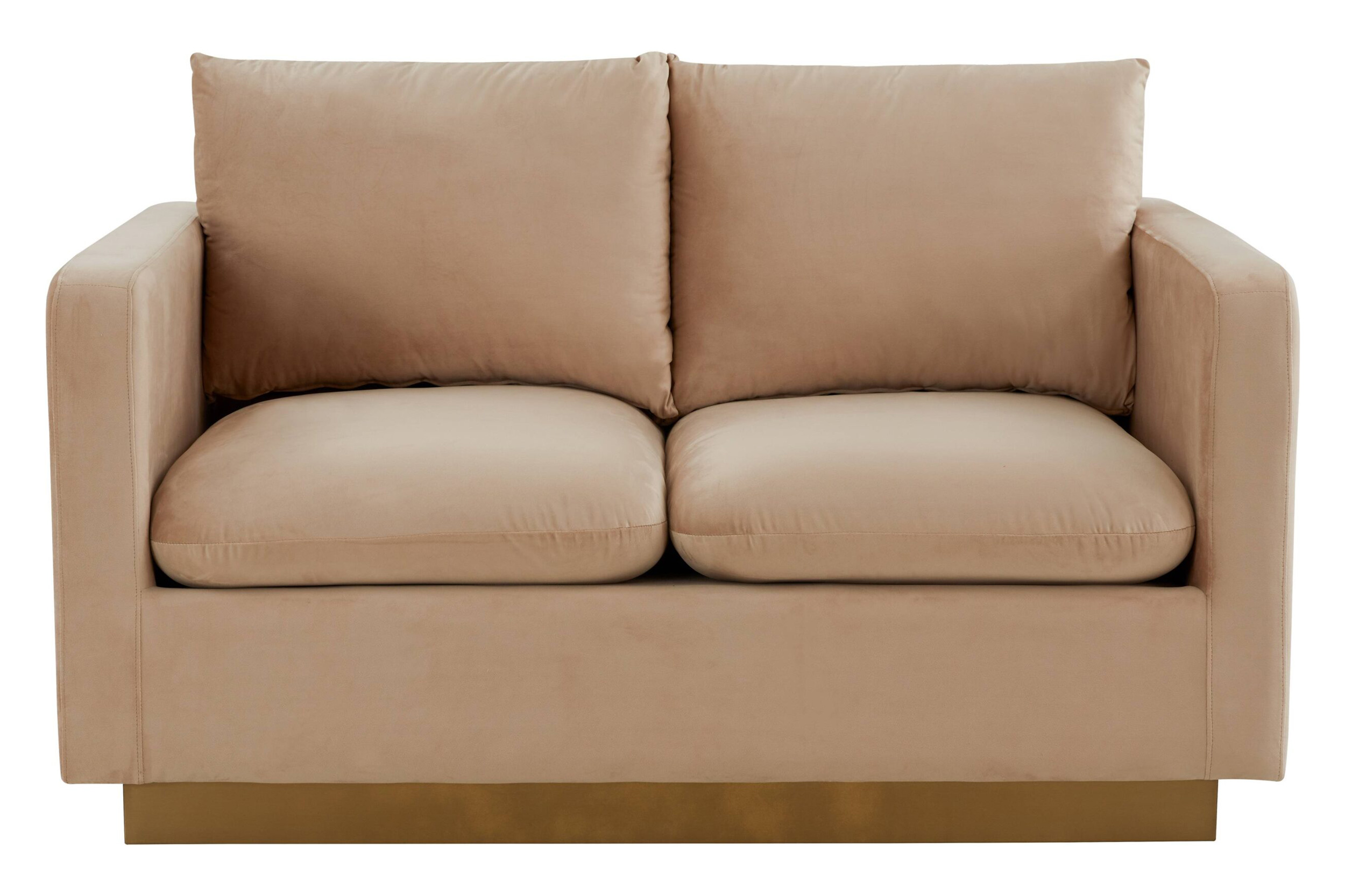 LeisureMod Nervo Modern Mid-Century Upholstered Velvet Loveseat with Gold Base - Beige