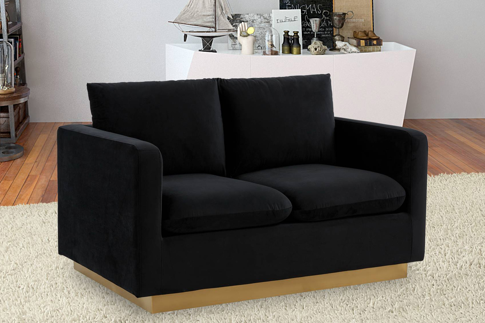 LeisureMod Nervo Modern Mid-Century Upholstered Velvet Loveseat with Gold Base - Midnight Black