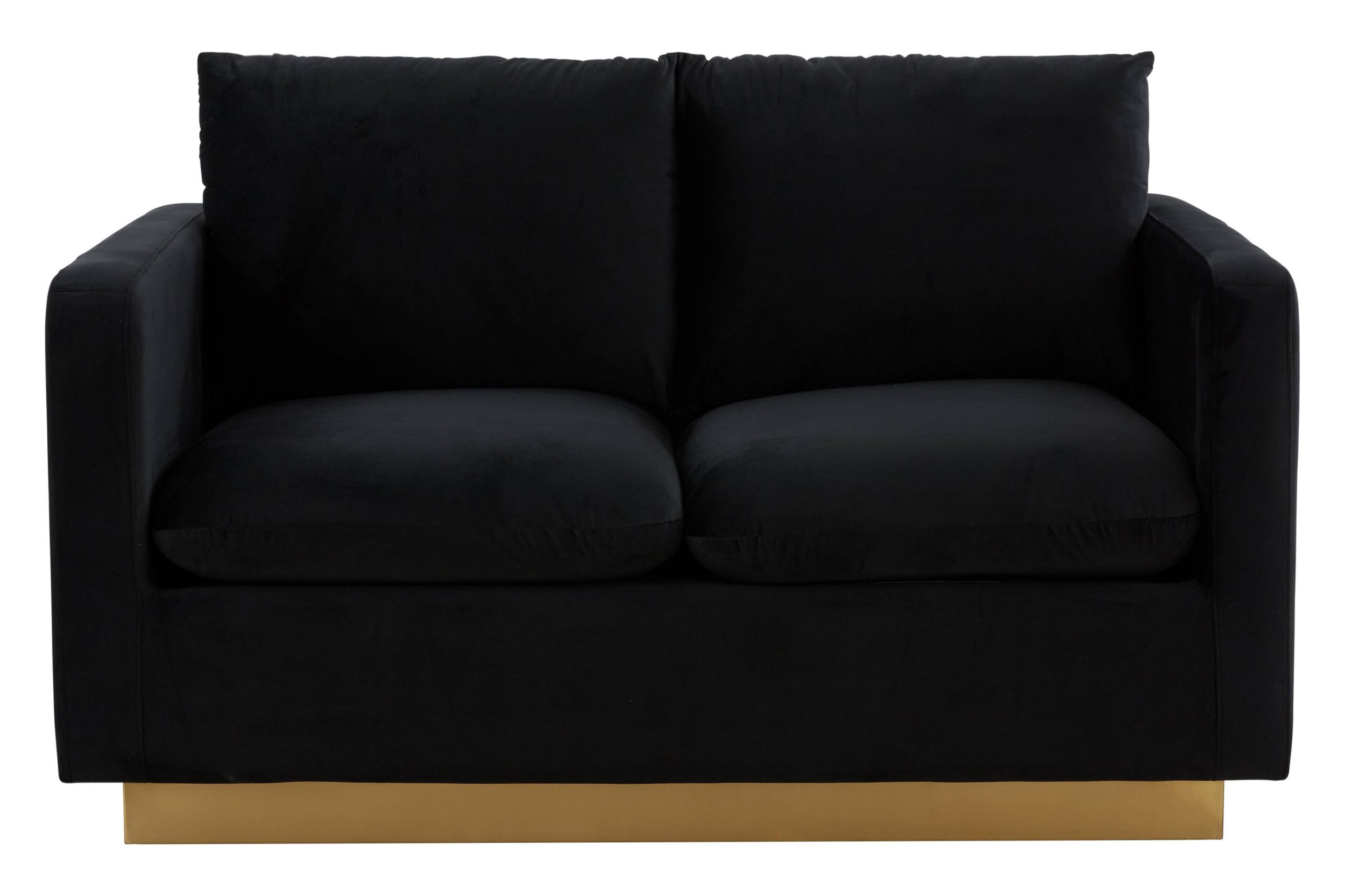 LeisureMod Nervo Modern Mid-Century Upholstered Velvet Loveseat with Gold Base - Midnight Black