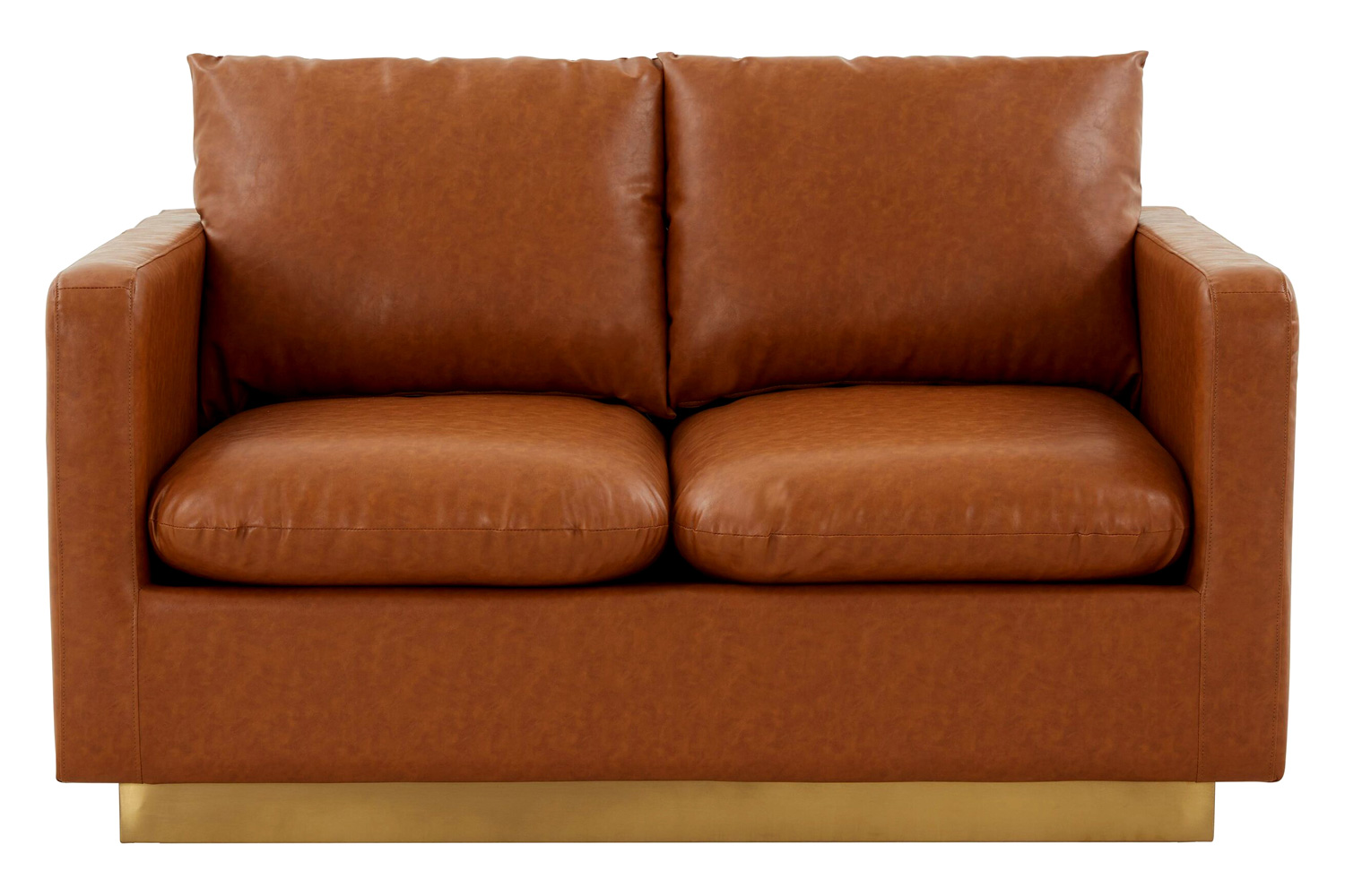 LeisureMod Nervo Modern Mid-Century Upholstered Leather Loveseat with Gold Base - Cognac/Tan