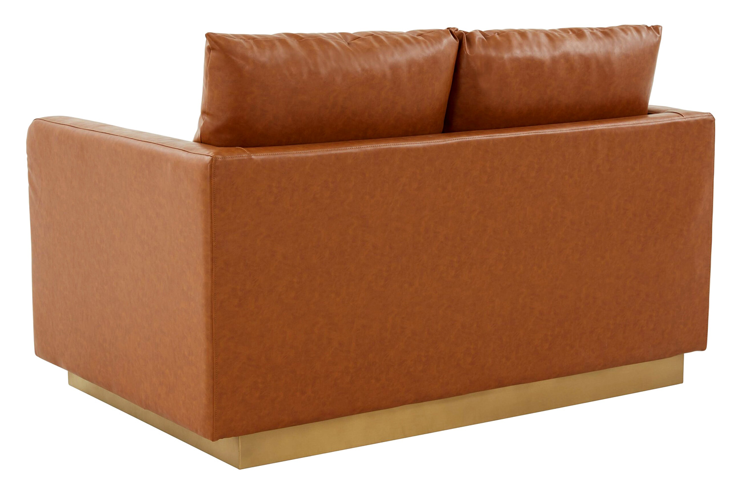 LeisureMod Nervo Modern Mid-Century Upholstered Leather Loveseat with Gold Base - Cognac/Tan