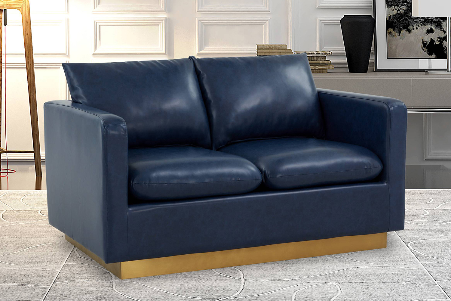 LeisureMod Nervo Modern Mid-Century Upholstered Leather Loveseat with Gold Base - Navy Blue