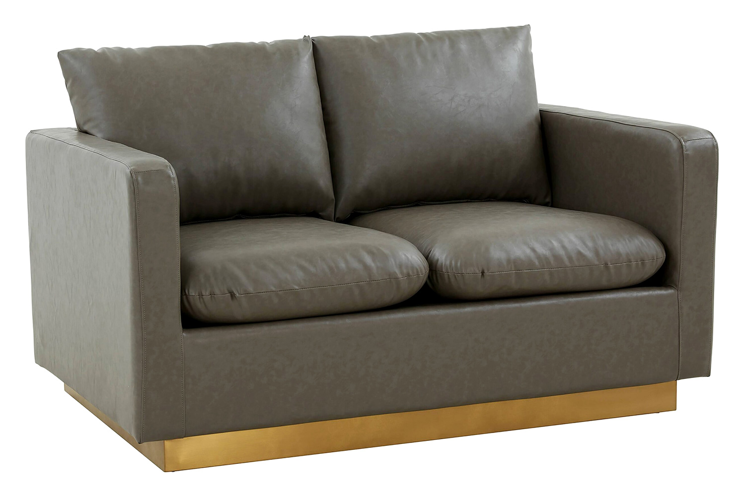 LeisureMod Nervo Modern Mid-Century Upholstered Leather Loveseat with Gold Base